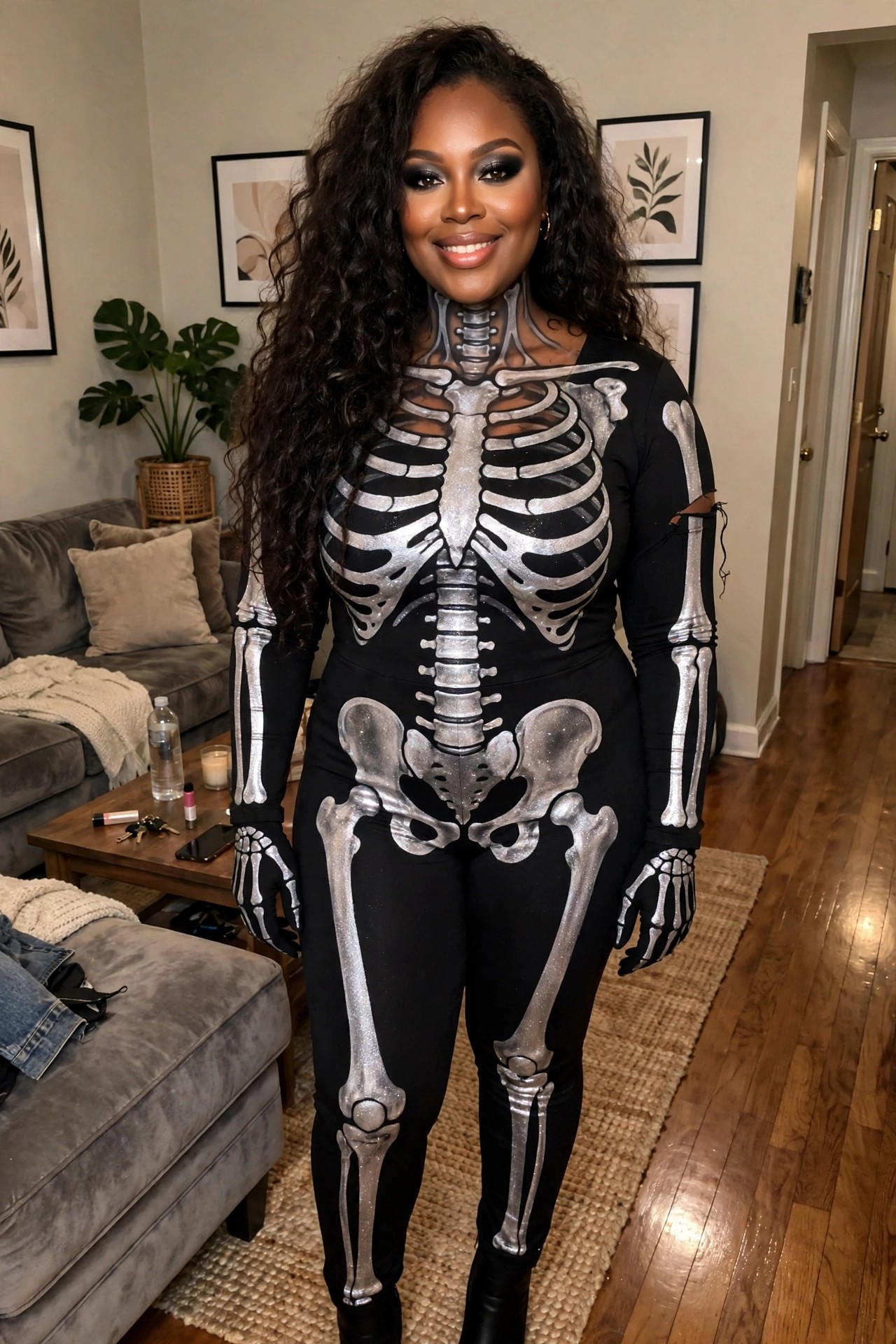 Woman in a black fitted jumpsuit covered in silver glitter skeleton bones including rib cage spine pelvis arms and legs with matching skeleton gloves.