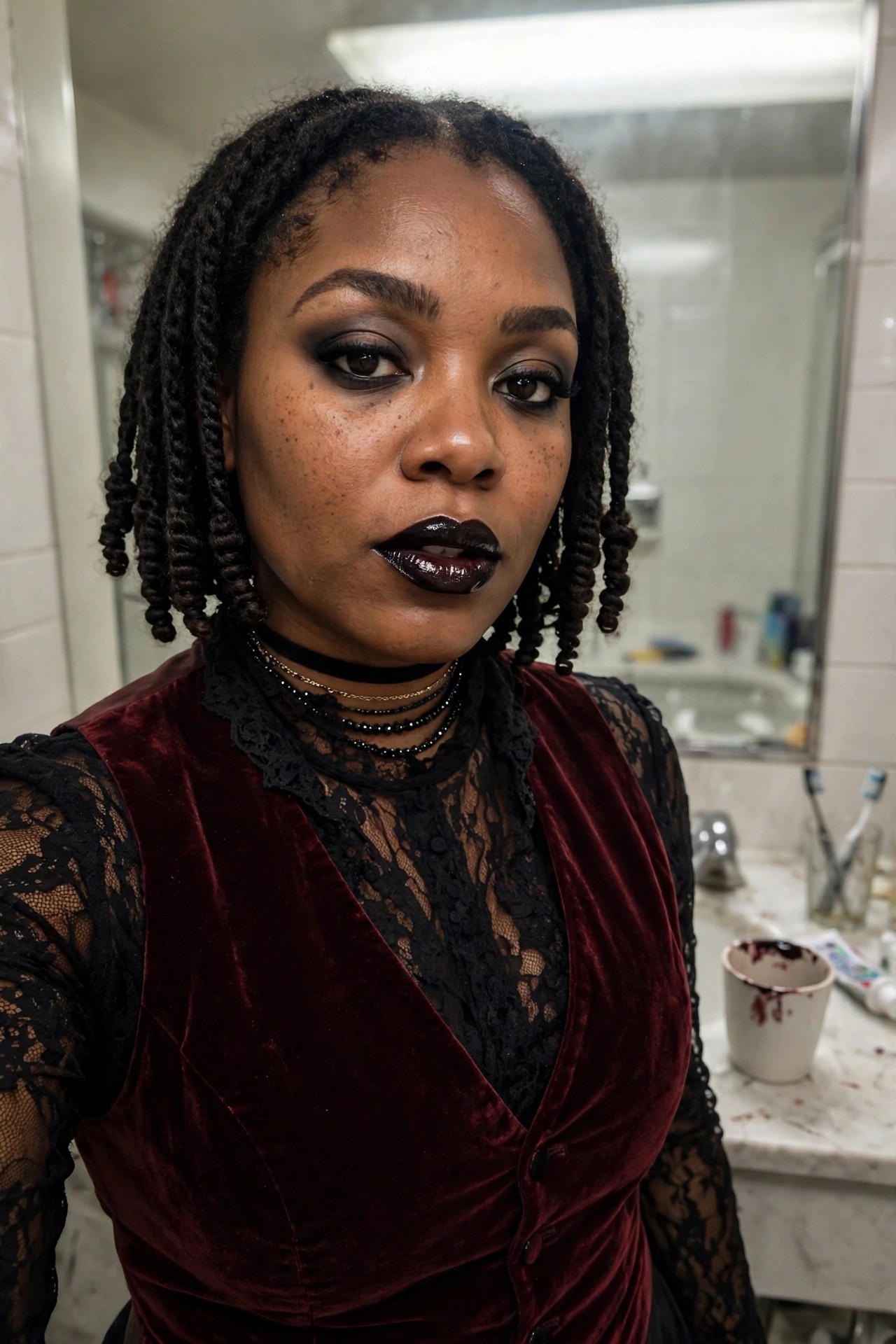 Woman wearing a deep red velvet vest over black lace with dark gothic makeup and glossy black lips.