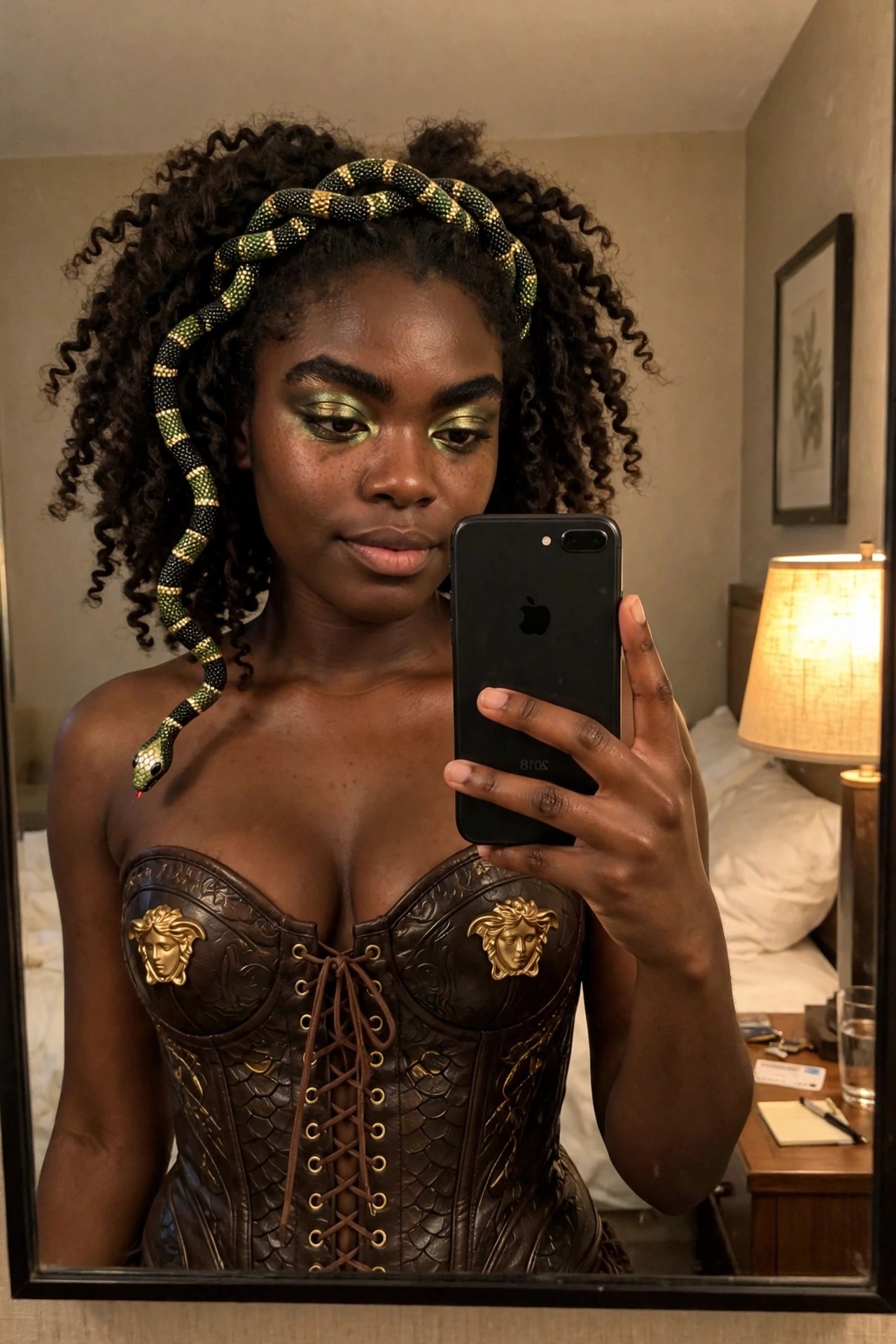 Woman wearing a brown leather corset with gold Medusa emblems and a green and black snake headpiece in curly hair, taking a mirror selfie.