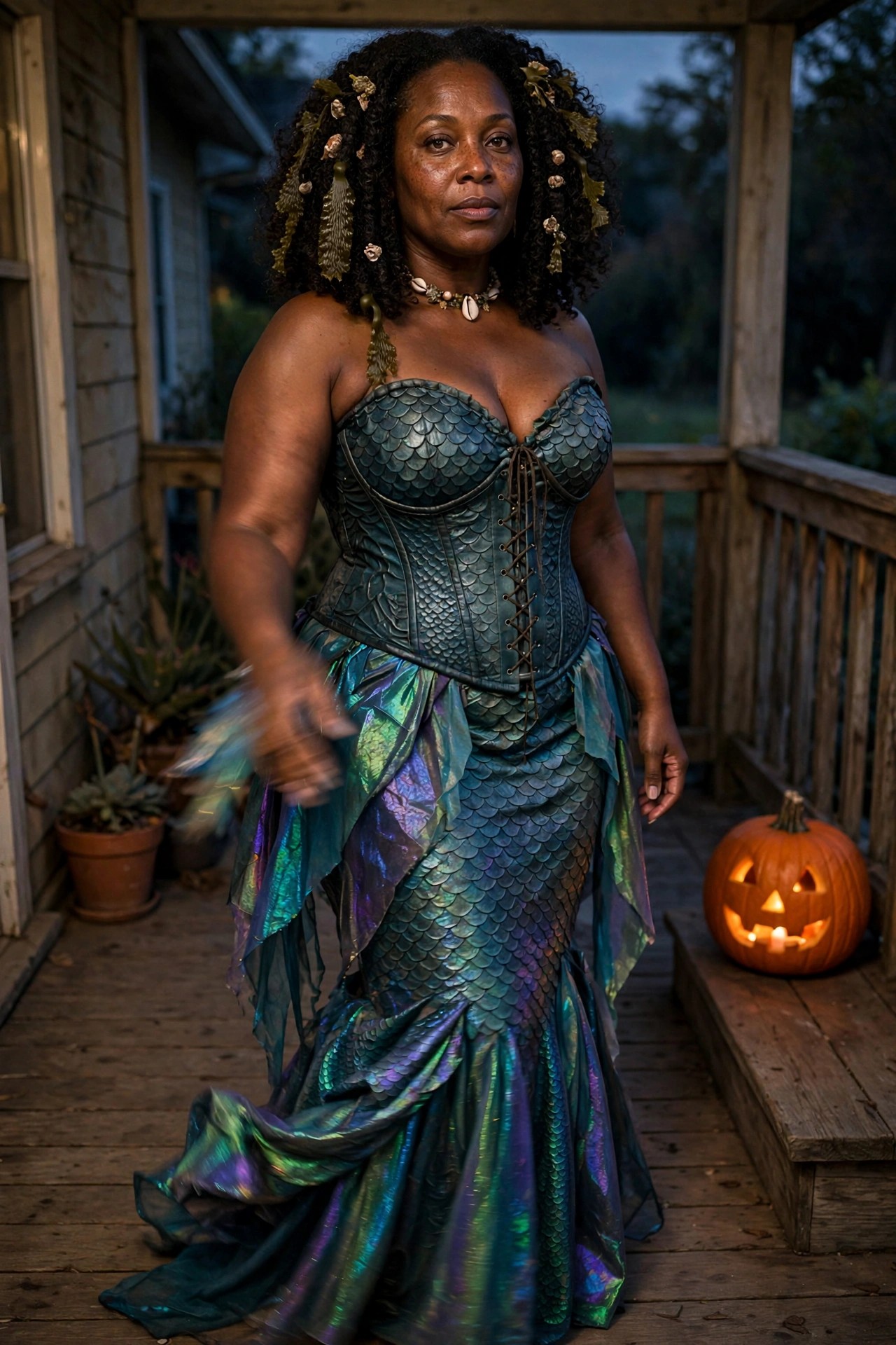 Woman wearing a teal scaled corset and iridescent mermaid skirt costume with shell necklace and hair accessories on a wooden porch next to a lit jack-o-lantern.