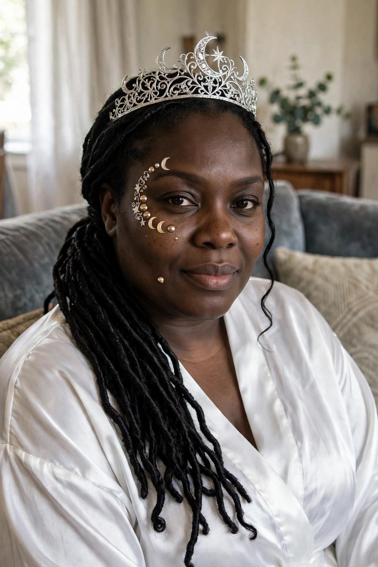 Woman wearing a silver moon and star tiara with matching face jewels arranged in a crescent pattern on her cheek, paired with a white satin wrap top.