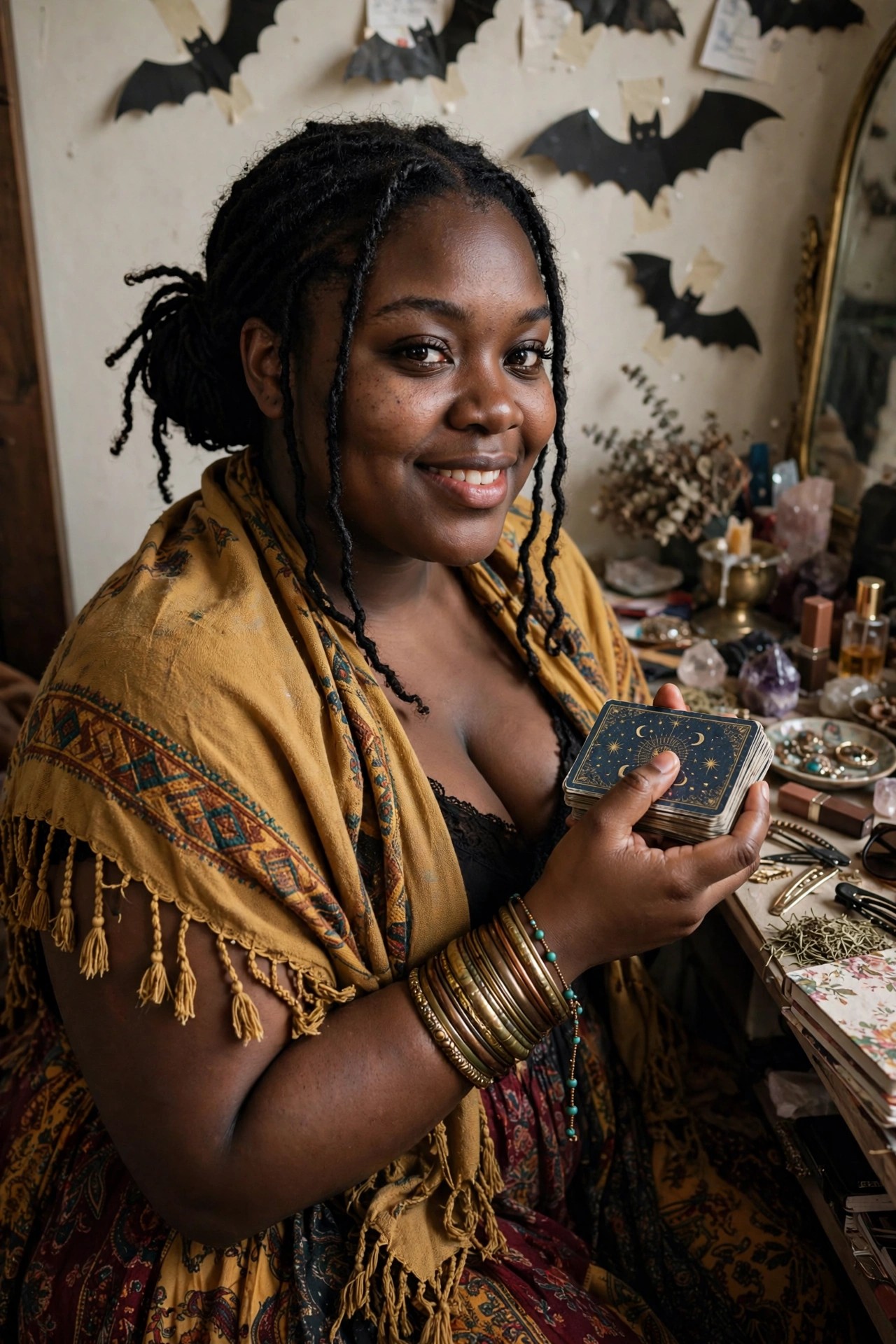 Plus size Black woman holding a deck of tarot cards with moon and star designs wearing a fringed mustard shawl over black lace as a fortune teller costume.
