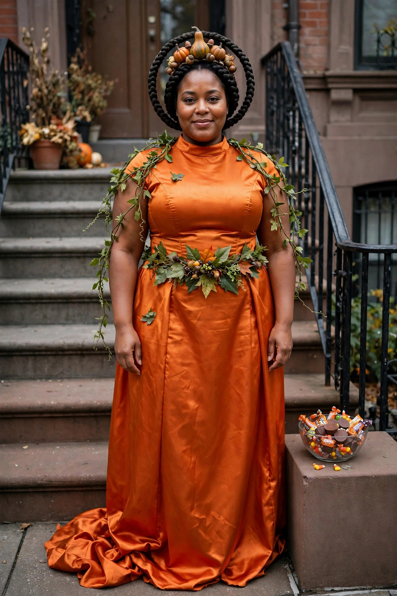 Plus size Black woman wearing a long orange satin gown decorated with green vines and an autumn leaf belt, paired with a braided updo topped by small pumpkins.