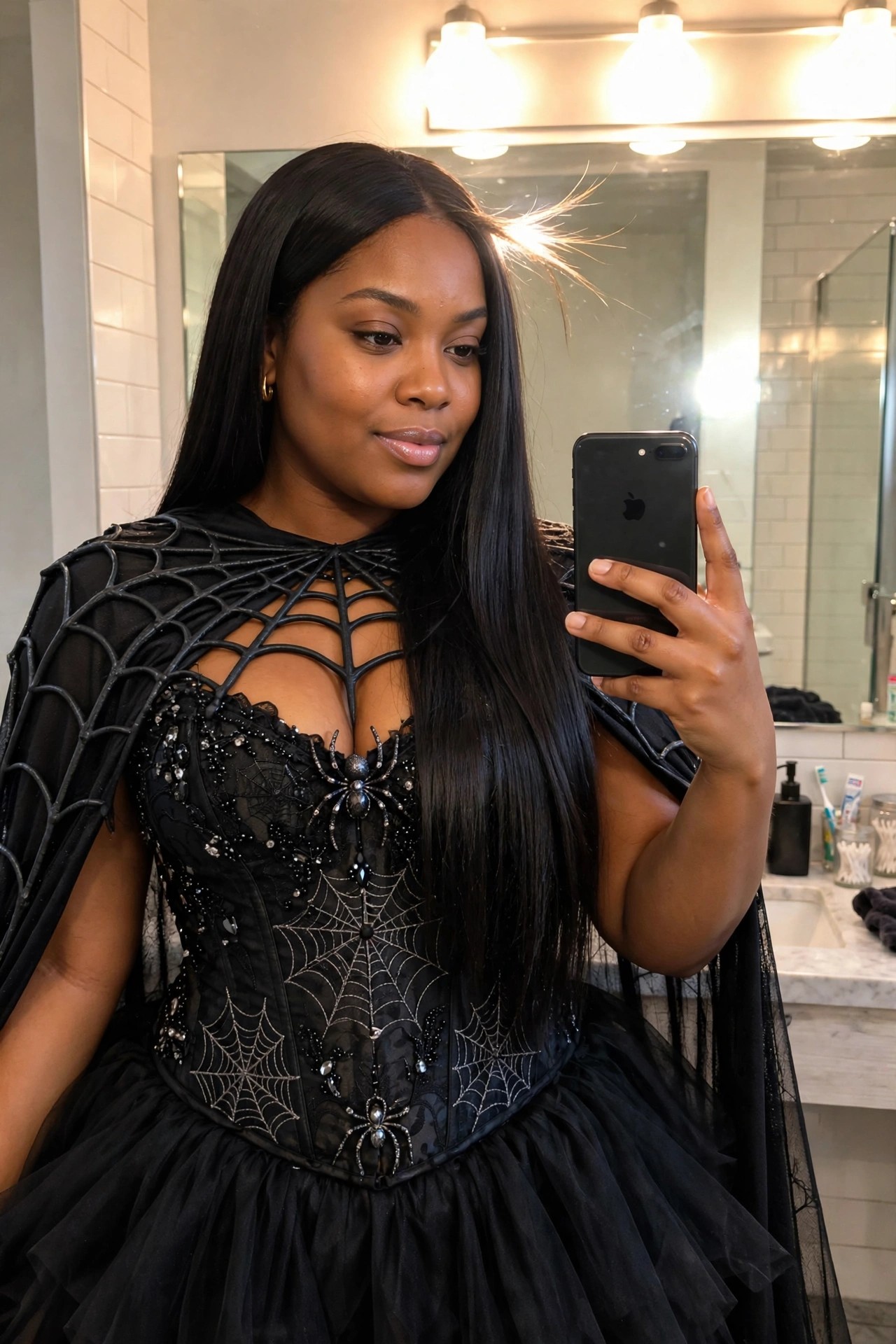 Woman wearing a black spiderweb corset costume with matching web cape and layered tulle skirt.