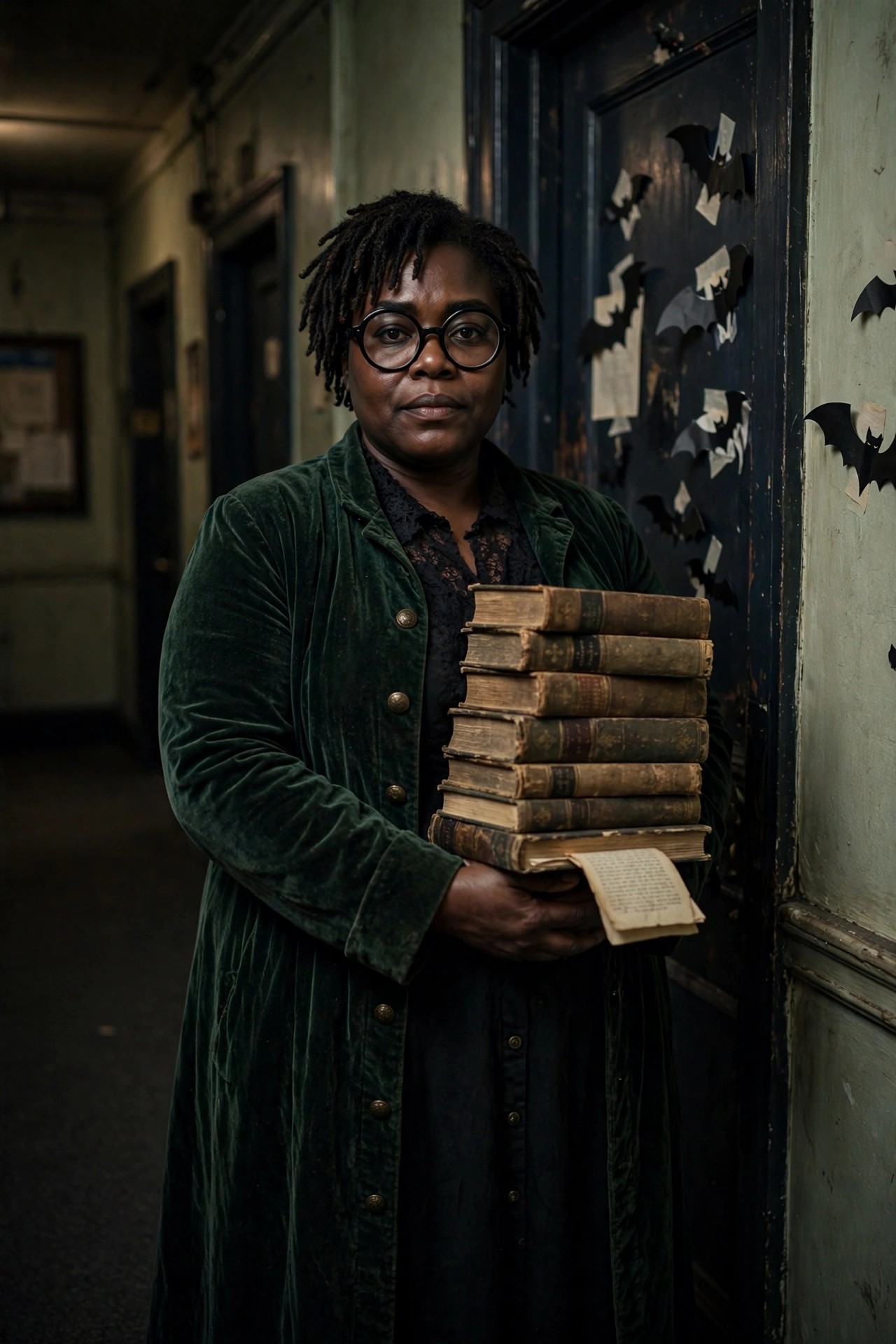 Plus size Black woman wearing a long green velvet coat while holding a tall stack of old books, paper bats on the door behind her.