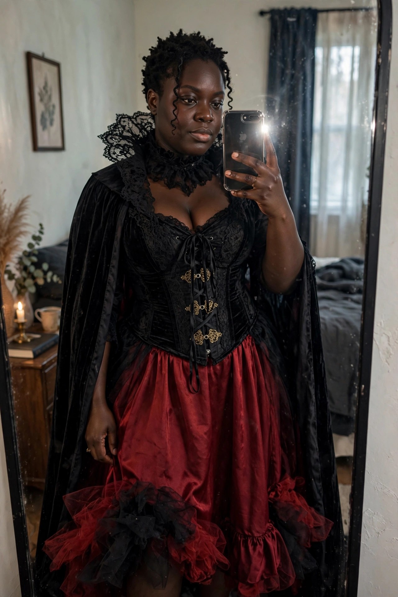 Plus size Black woman taking a mirror selfie in a Victorian vampire costume featuring a black velvet cape with lace collar, black corset with gold accents, and full red satin skirt with black tulle ruffles.