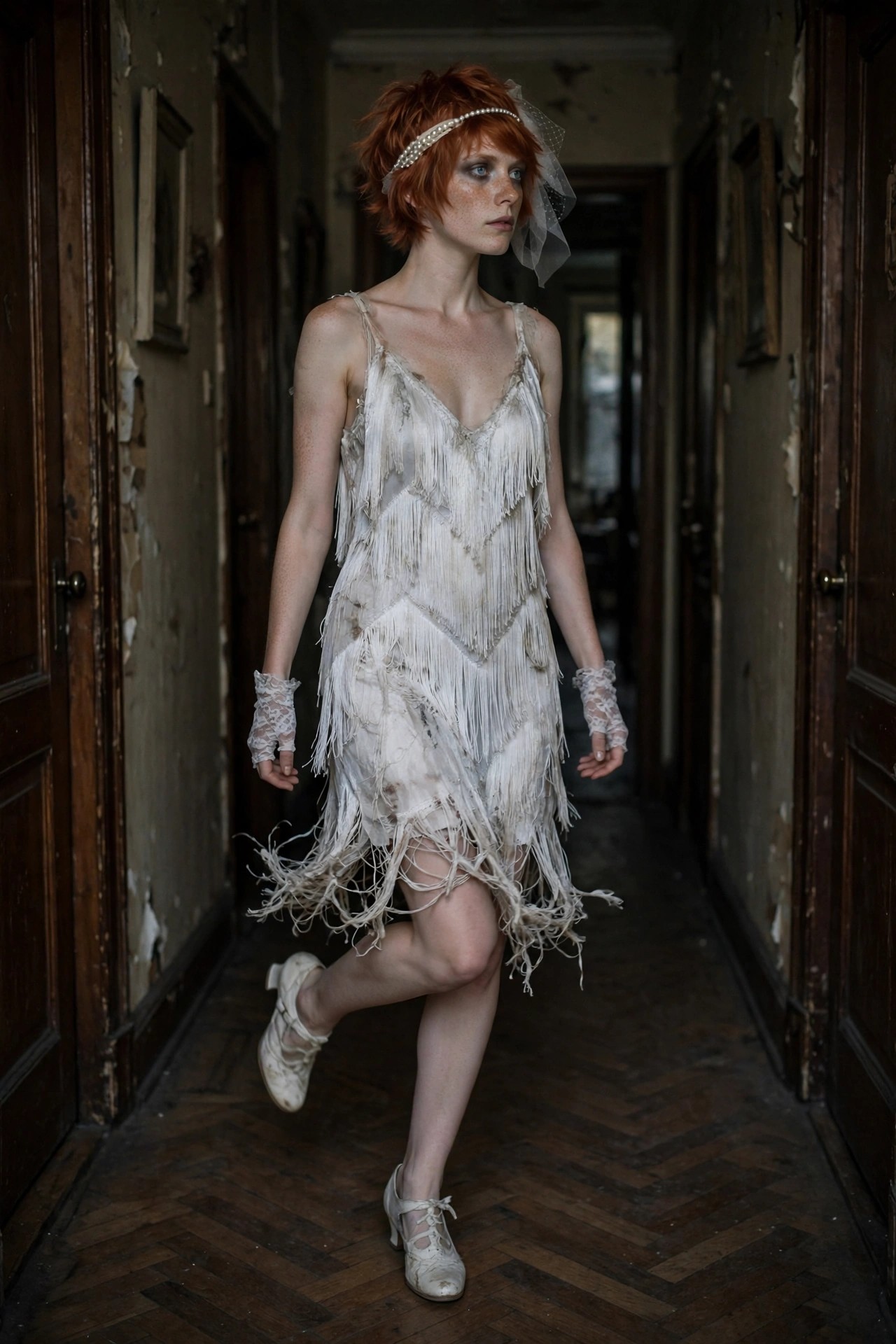 Woman with short red hair wearing a torn off-white fringed flapper dress, lace gloves, pearl headband with veil, and worn white shoes in a hallway.