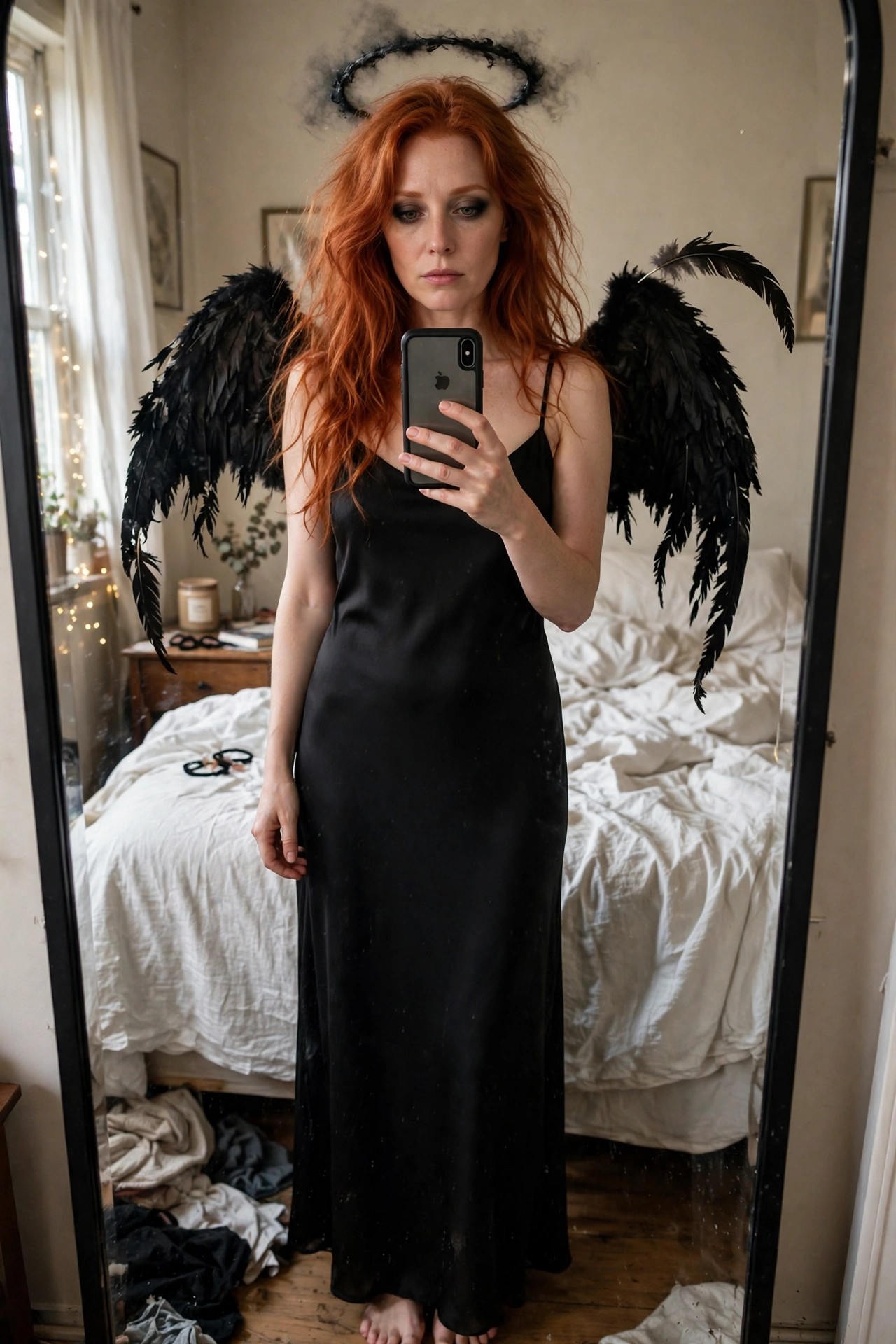 Woman with long red hair wearing a black slip dress black feathered wings and a black halo for a fallen angel costume while taking a mirror selfie.