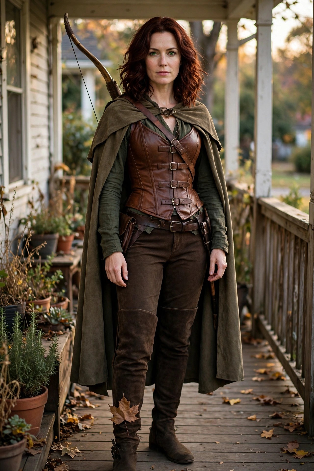 Woman with red curly hair wearing a green hooded cloak over a brown leather corset, brown pants, and boots, with a bow on her back.