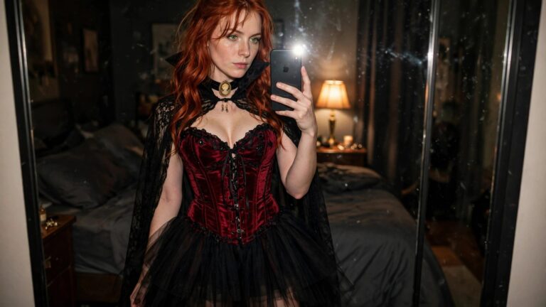 21+ Red Hair Halloween Costume Ideas Woman with long red hair wearing a red velvet corset, black tulle skirt, and black lace cape with high collar in a vampire costume.