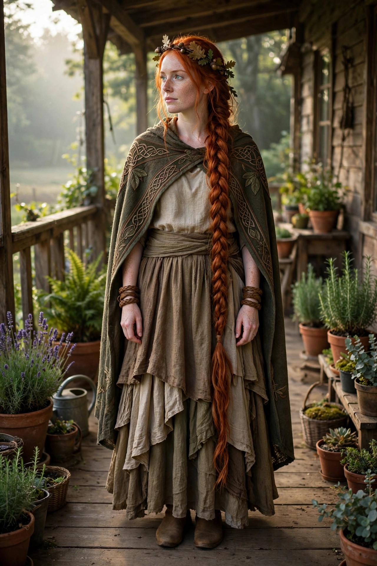 Woman wearing a layered beige and brown dress with a green embroidered cape and a leaf crown, long red hair in a single braid.