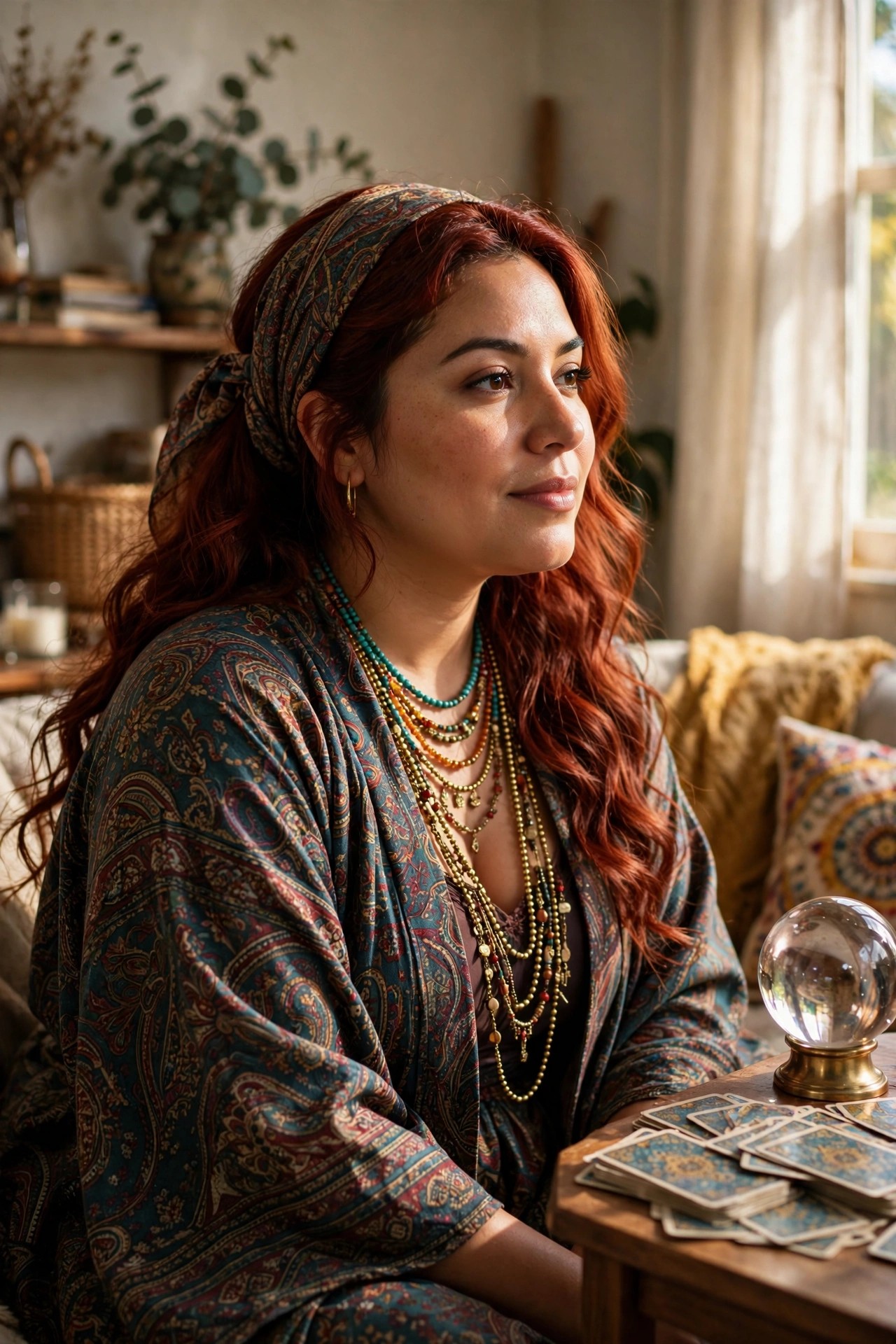 Red-haired woman in patterned robe with crystal ball and tarot cards on table