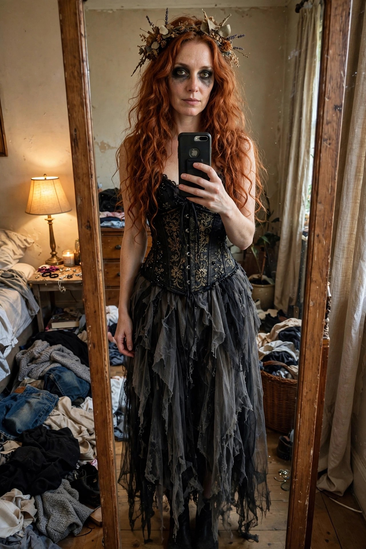 Woman with long red hair wearing a black corset and tattered gray tulle skirt while holding a phone in a mirror selfie.