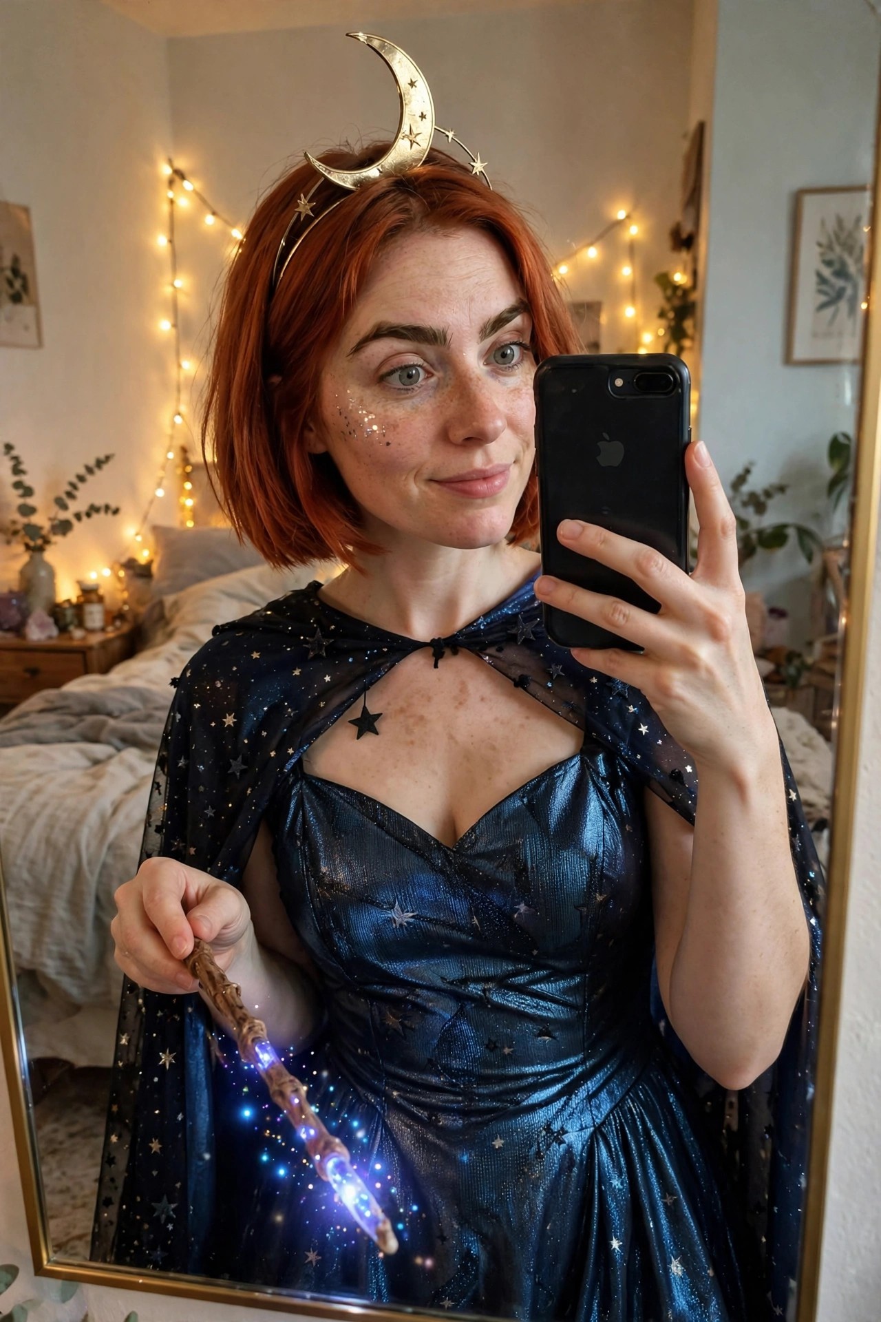 Woman with short red hair wearing a blue metallic dress, star patterned cape, crescent moon headpiece, and holding a glowing wand for a celestial witch costume.