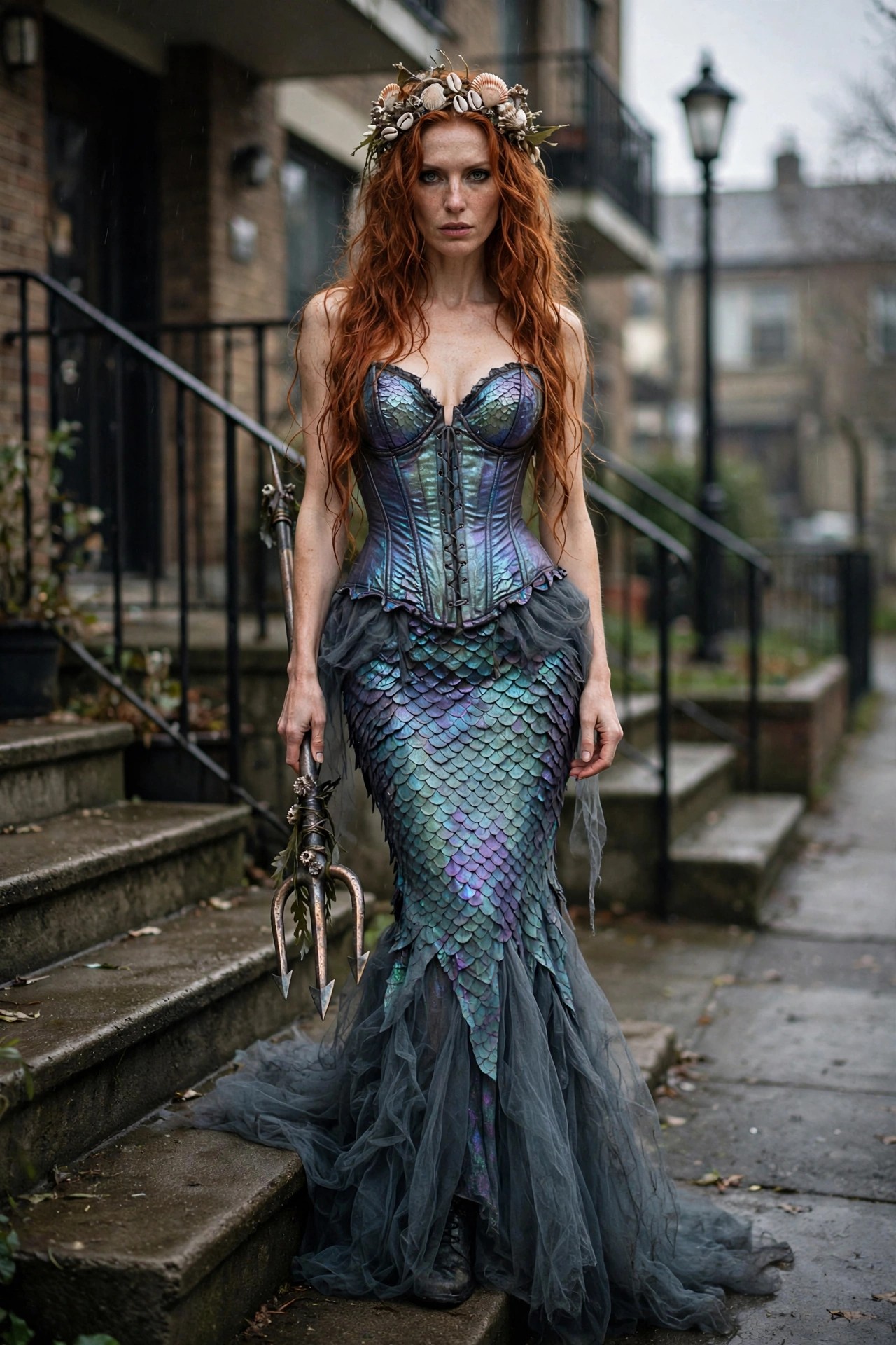 Woman with long red hair wearing an iridescent scale corset and mermaid tail skirt while holding a trident and wearing a shell crown.