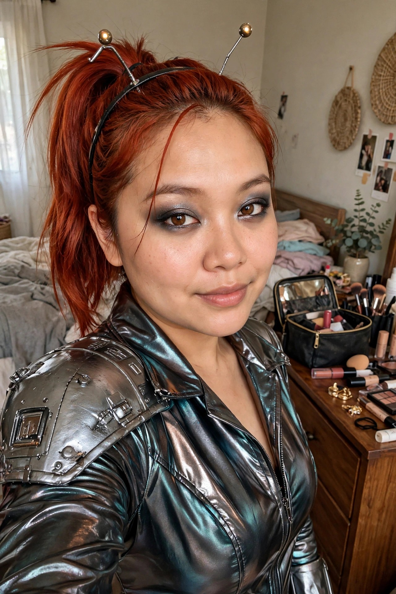 Woman with bright red ponytail wearing a shiny metallic blue-green jacket with shoulder armor and antennae headband for a robot costume.