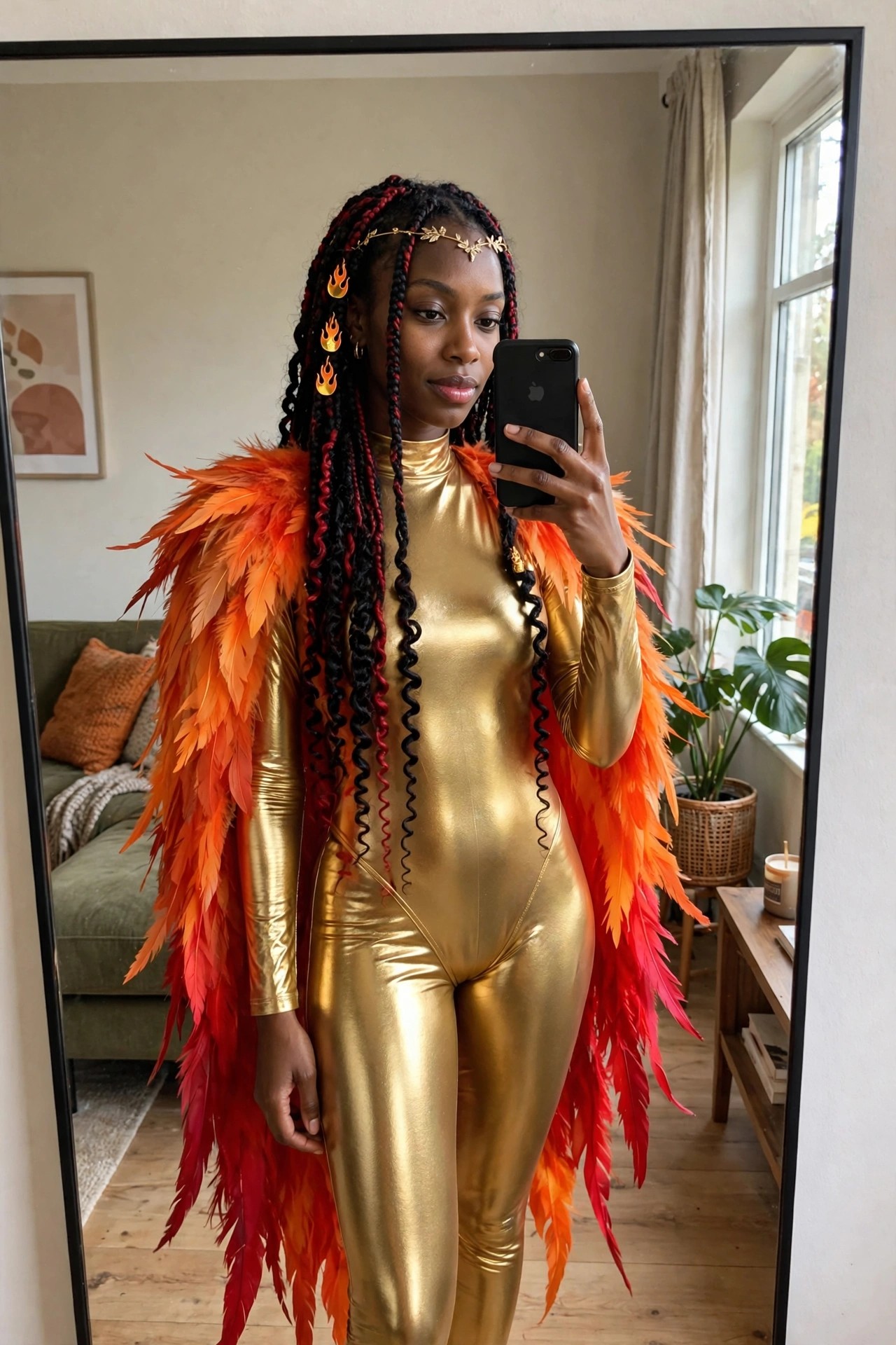 Woman wearing a gold metallic bodysuit with large orange and red feather cape styled as phoenix wings, red and black braids with flame clips.