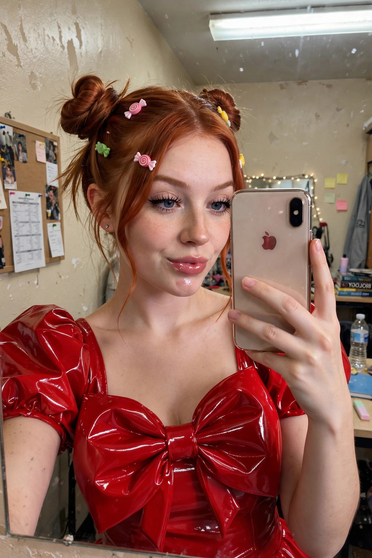 Woman wearing a shiny red vinyl dress with a large central bow, red hair styled in two space buns with candy clips.