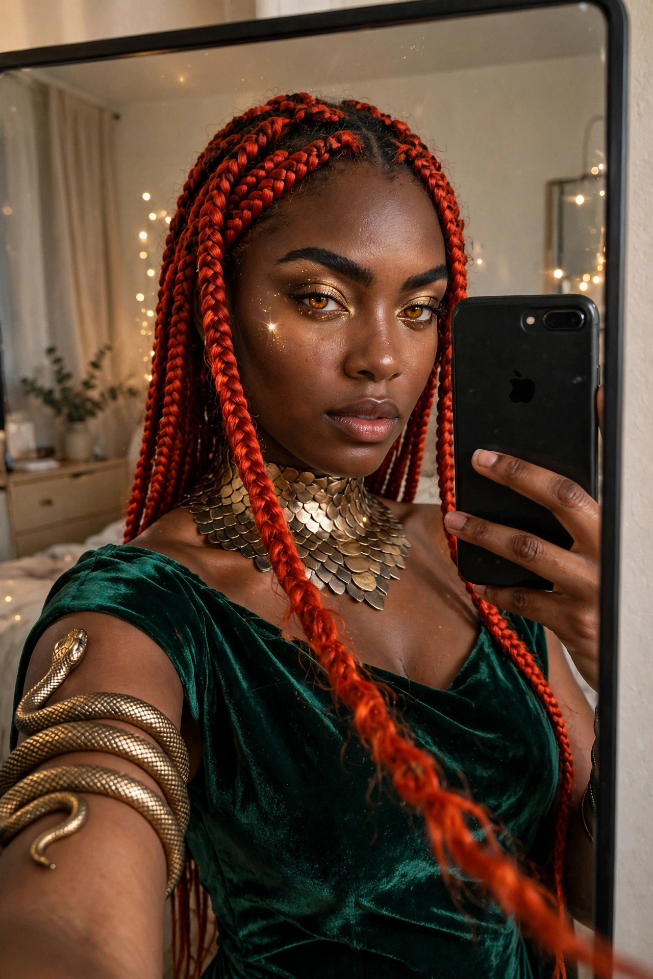 Woman wearing a red braided Medusa costume with a gold scale necklace and gold snake arm cuff over a green velvet top.