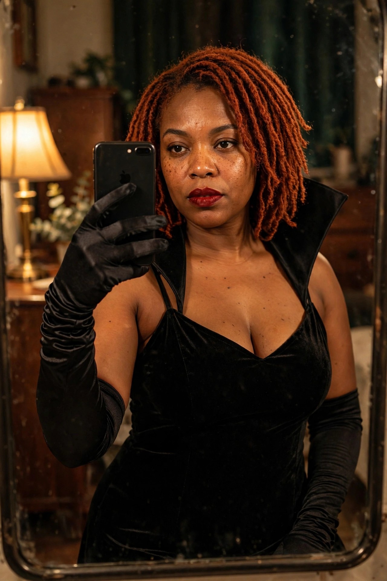 Woman with red locs wearing a black velvet dress with high structured collar and long black gloves, holding a phone for a mirror selfie.