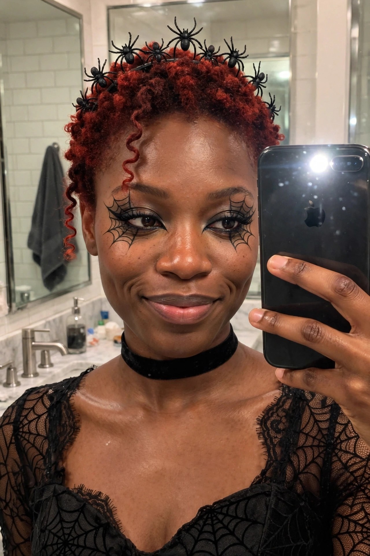 Woman with short red curly hair wearing a black spider crown, spiderweb eyeliner, black lace spiderweb top, and velvet choker while taking a bathroom mirror selfie.