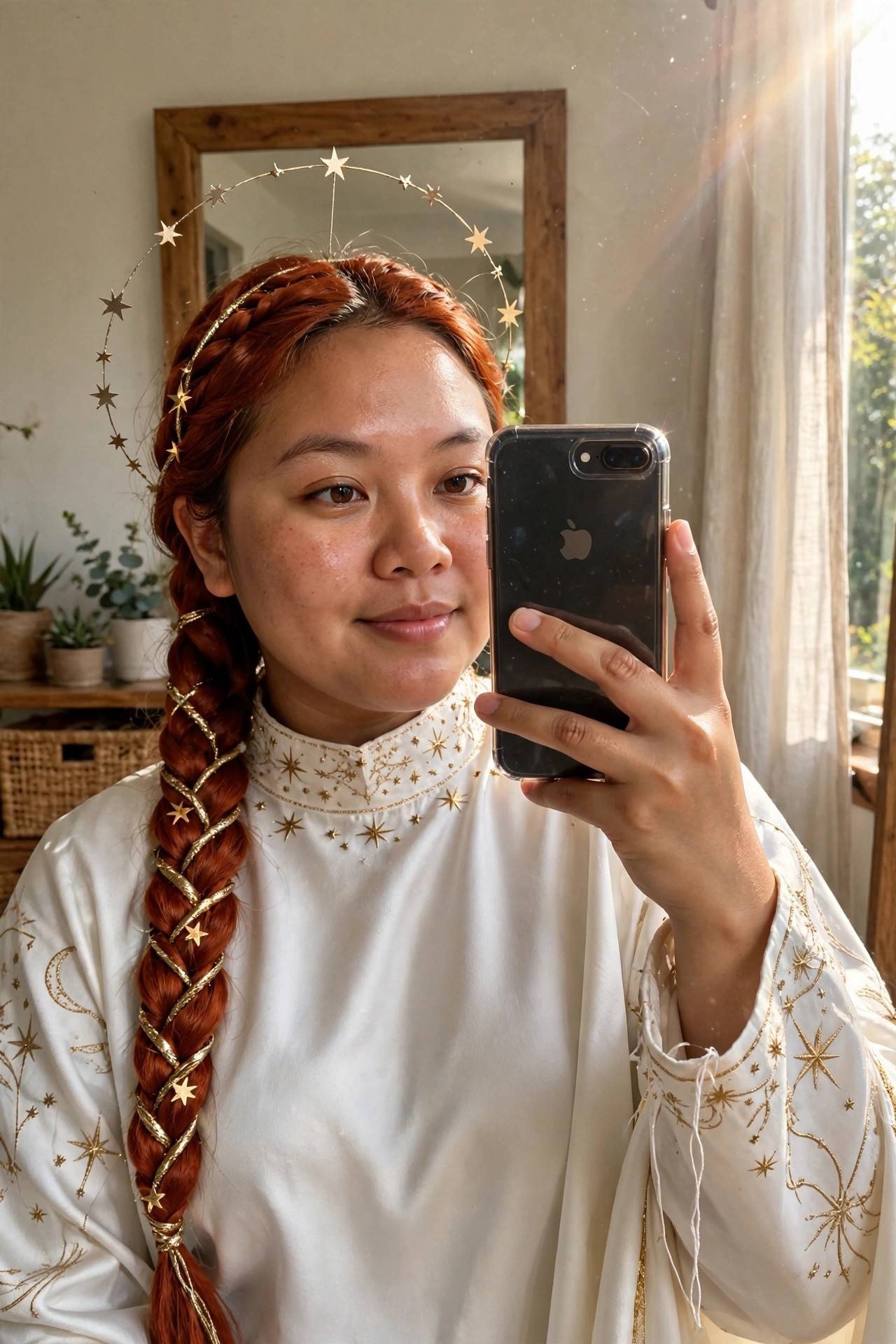 Woman with long red hair in a gold wrapped braid wearing a white celestial robe with gold star embroidery and a matching star halo headpiece while holding a phone for a selfie.
