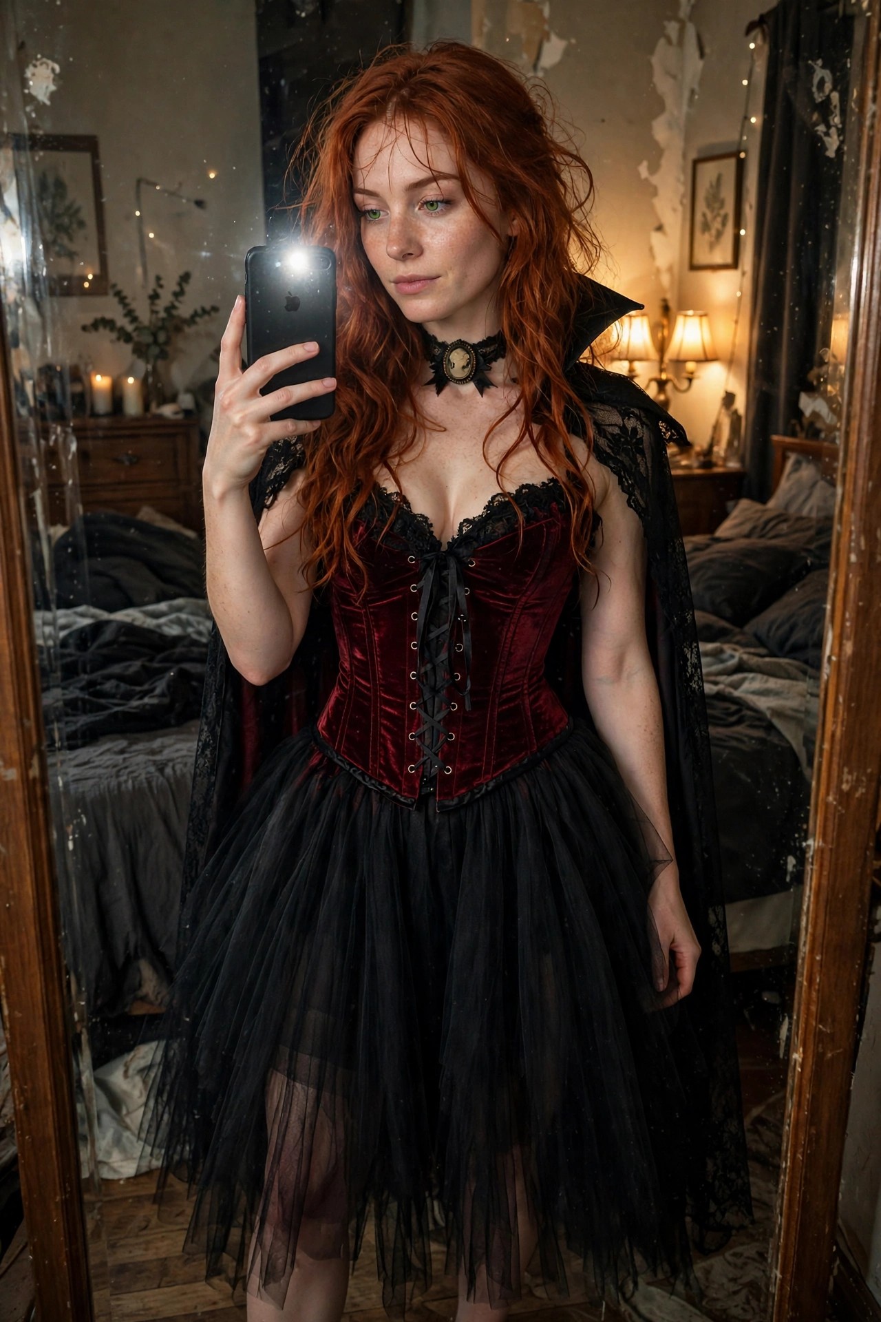 Woman with long red hair wearing a red velvet corset, black tulle skirt, and black lace cape with high collar in a vampire costume.