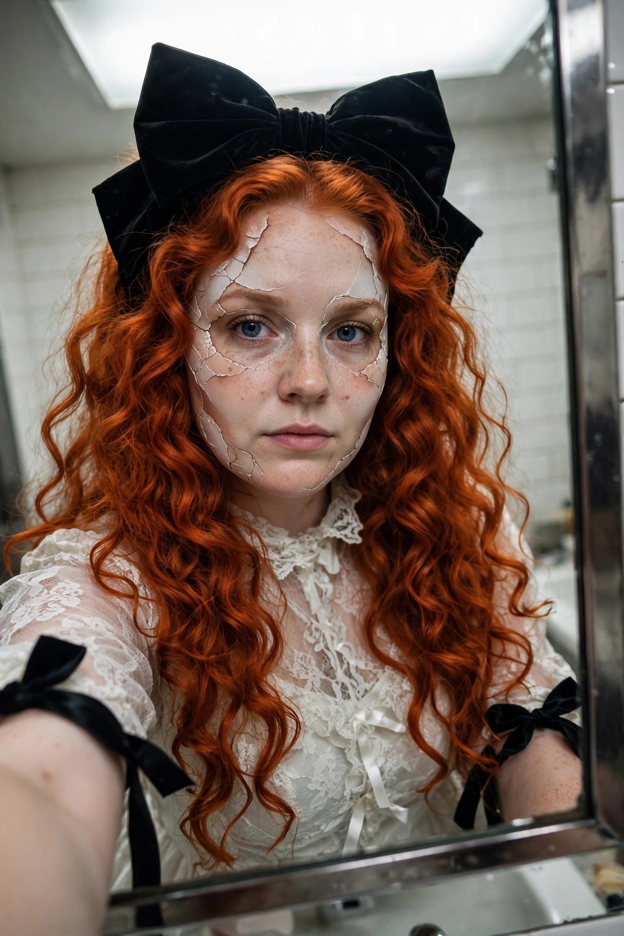 Woman with long red curly hair wearing a large black velvet bow, white lace Victorian blouse, and cracked porcelain-style face makeup for a doll costume.
