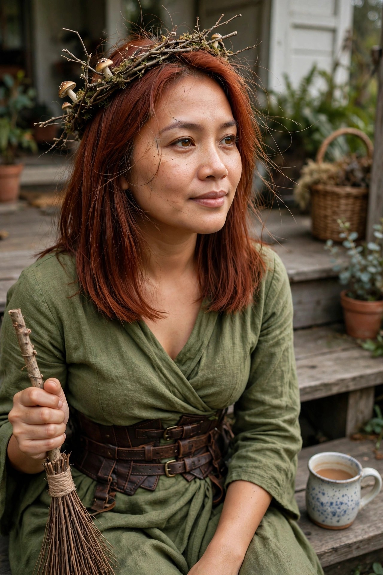 Woman with red hair wearing a woodland witch costume featuring a twig and mushroom crown, green wrap dress, wide leather belt, and holding a small broom.