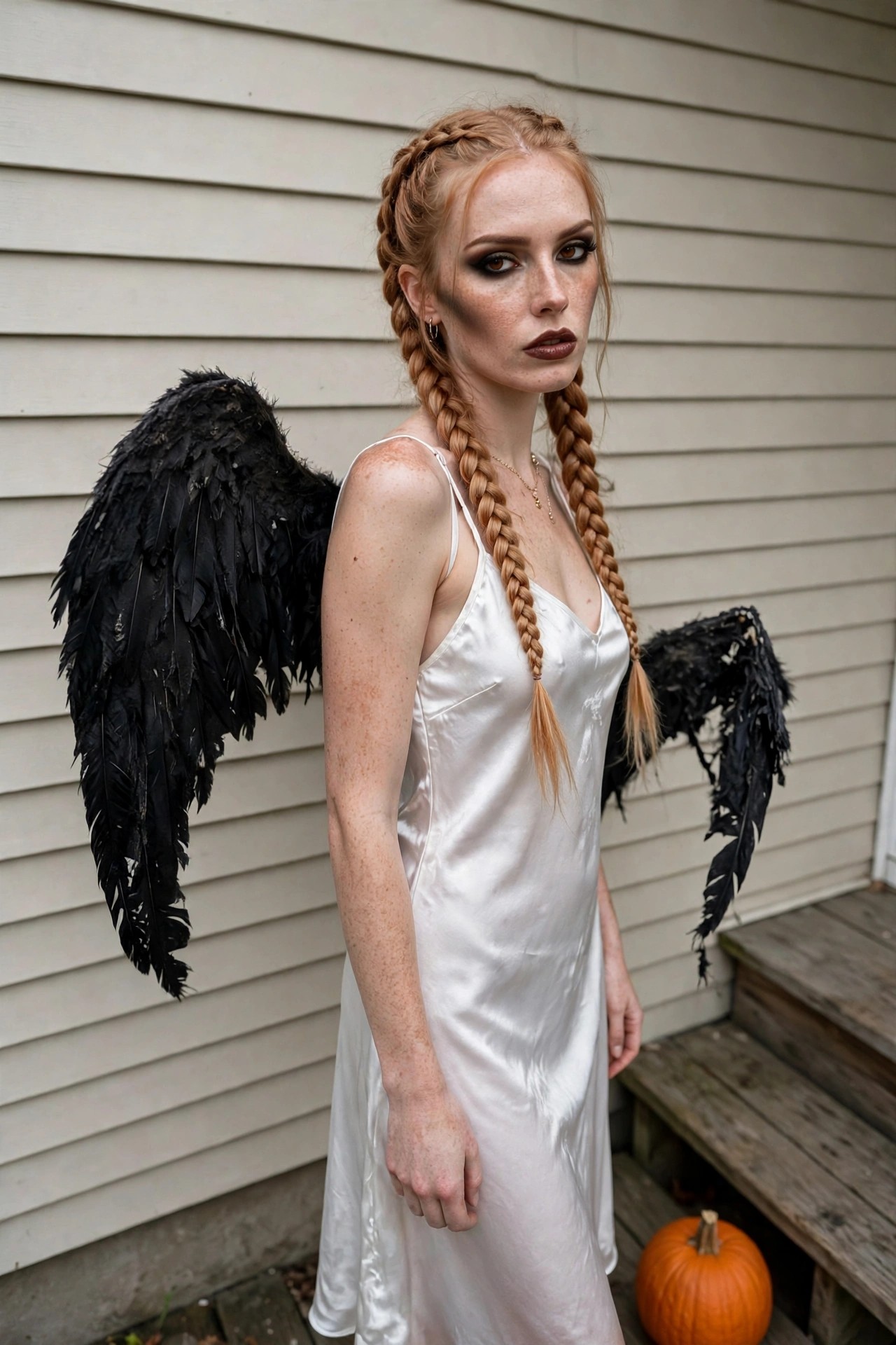 Woman wearing a white satin slip dress with large black feathered wings attached to her back in a fallen angel Halloween costume.