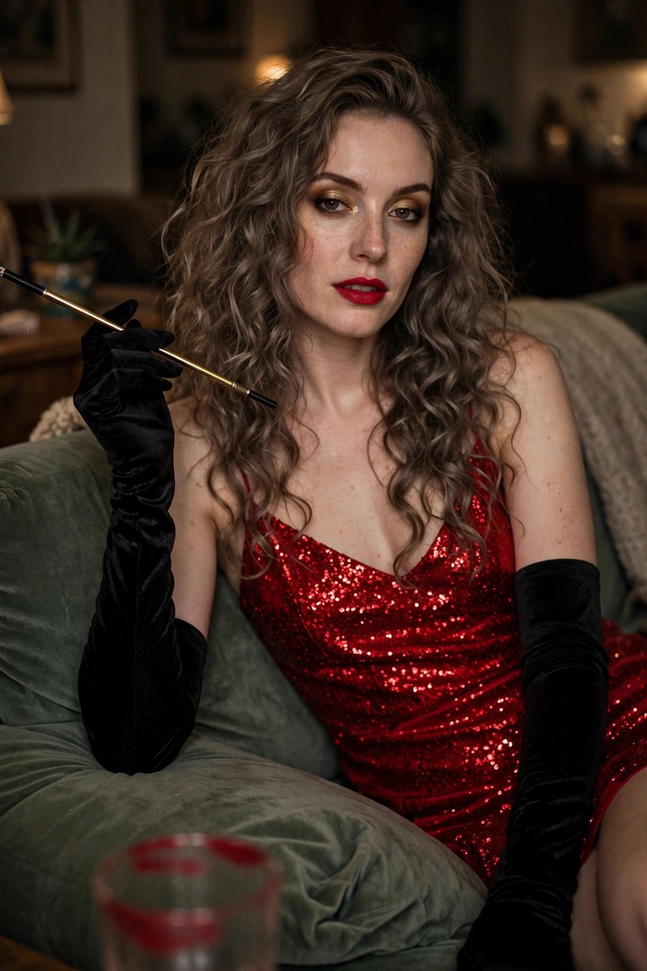 Woman wearing a red sequin slip dress with long black velvet gloves and holding a gold and black cigarette holder.