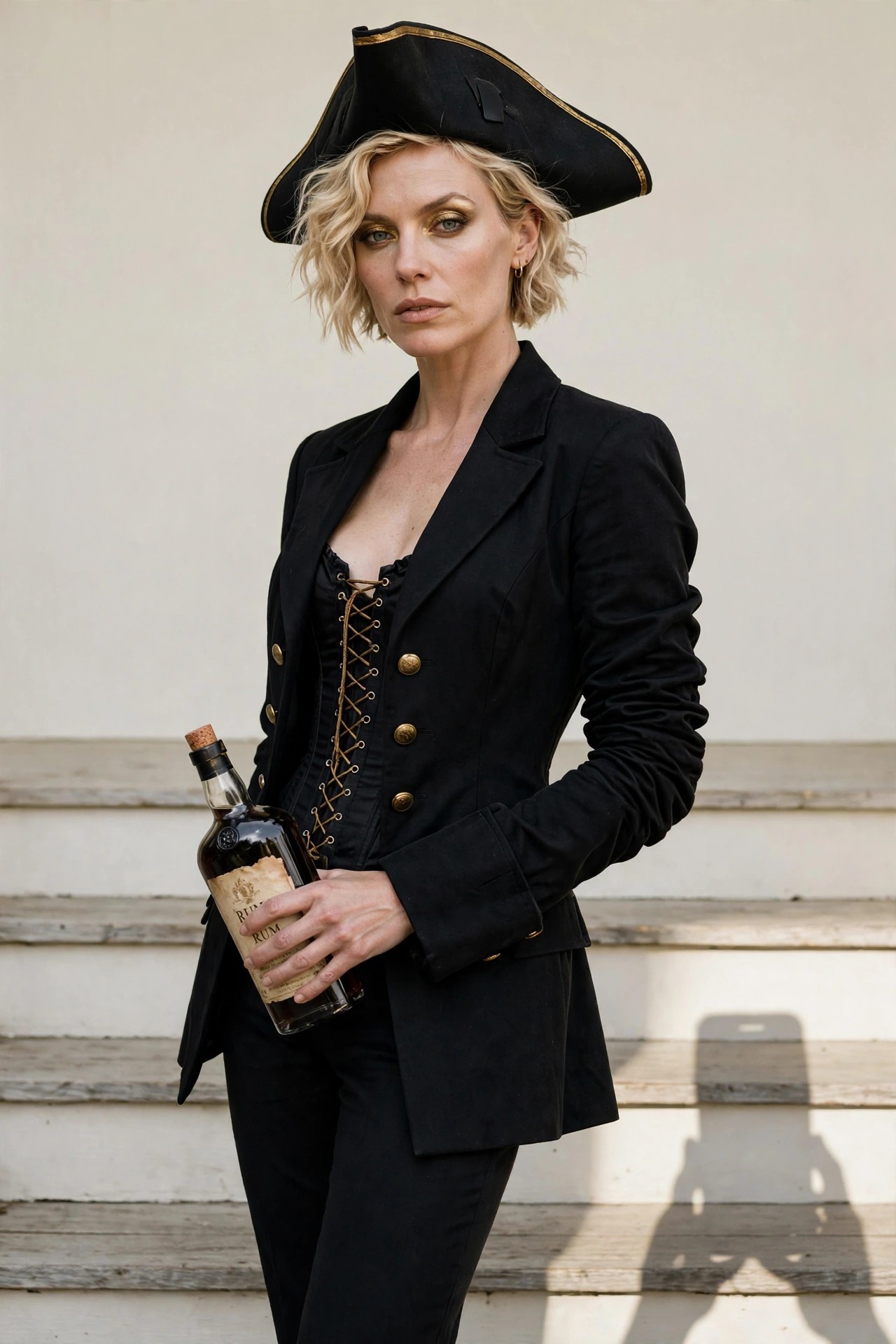 Woman wearing a black tricorn pirate hat, black blazer over a laced corset top, and black pants while holding a bottle of rum.