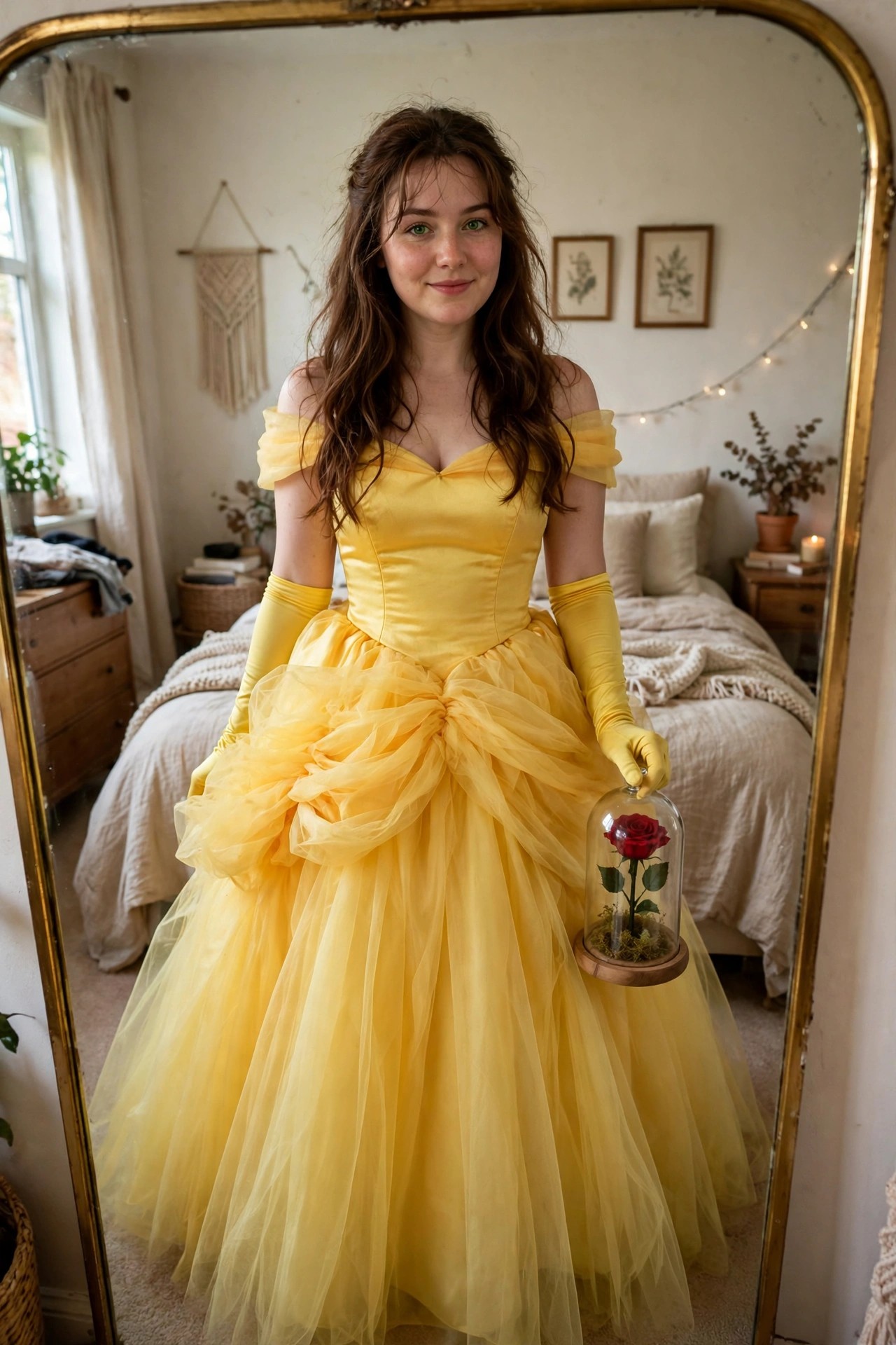 Woman wearing a yellow off-shoulder ball gown with matching long gloves and holding a glass dome containing a single red rose.