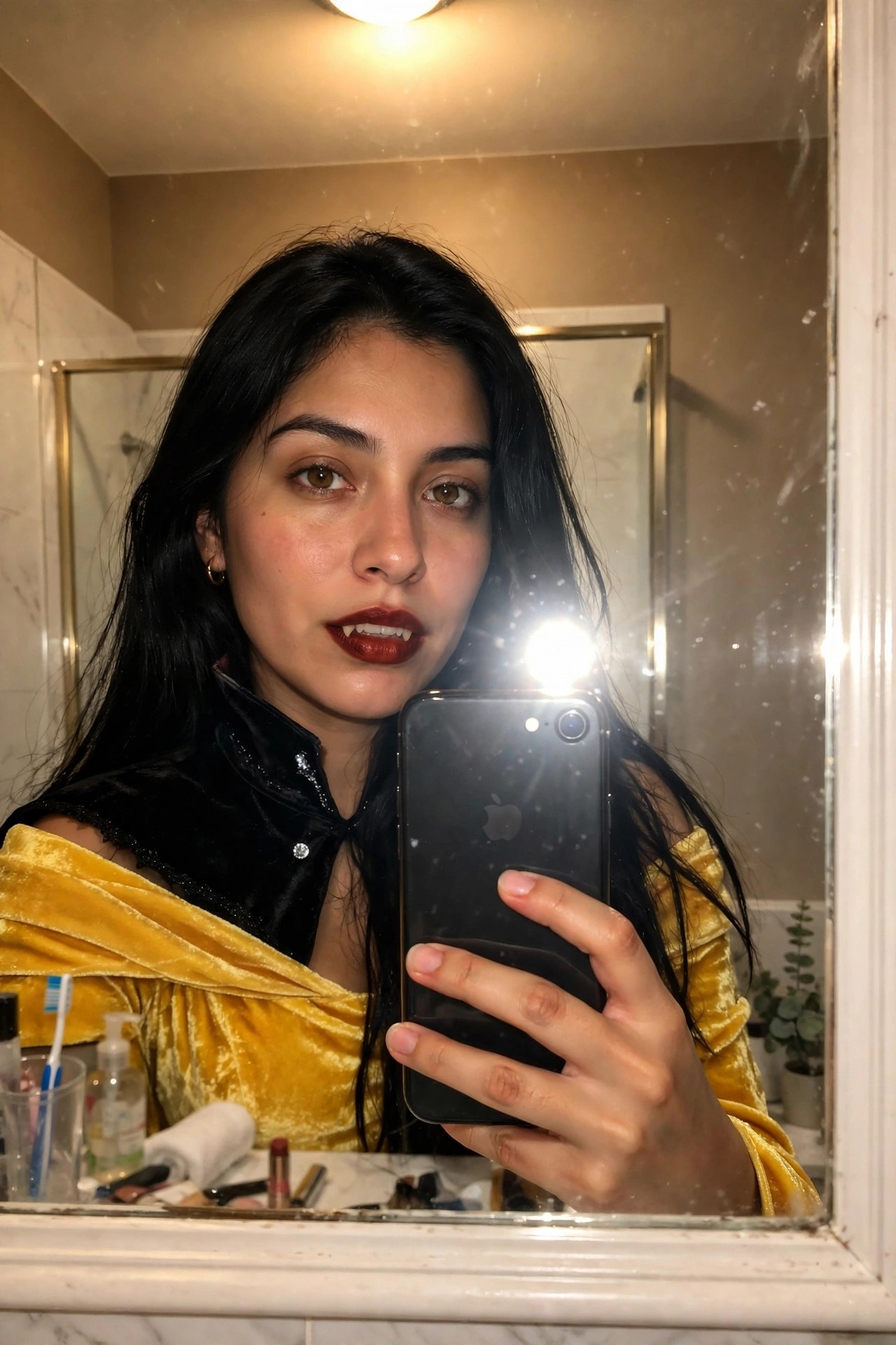 Woman wearing a yellow velvet off shoulder dress with black velvet capelet and red lipstick holding a phone in a mirror selfie with fake vampire fangs visible.