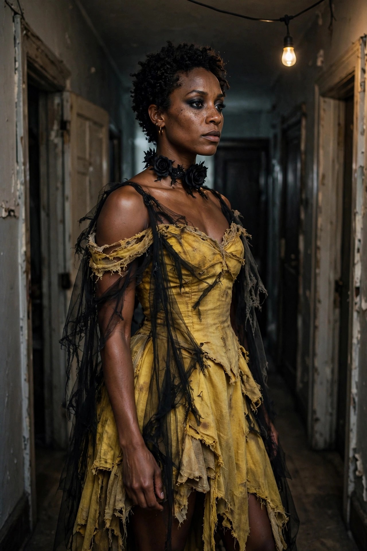 Woman wearing a yellow torn Belle style gown with black sheer overlays and a black rose choker in a hallway setting.