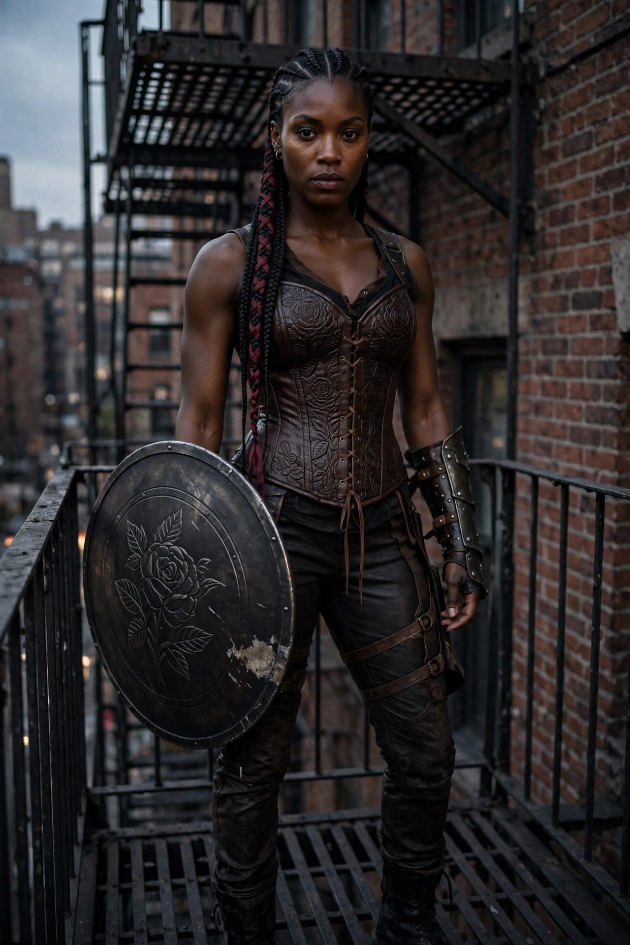 Woman wearing brown leather corset with rose embossing, matching leather pants, arm guard, and holding a round shield with rose design.