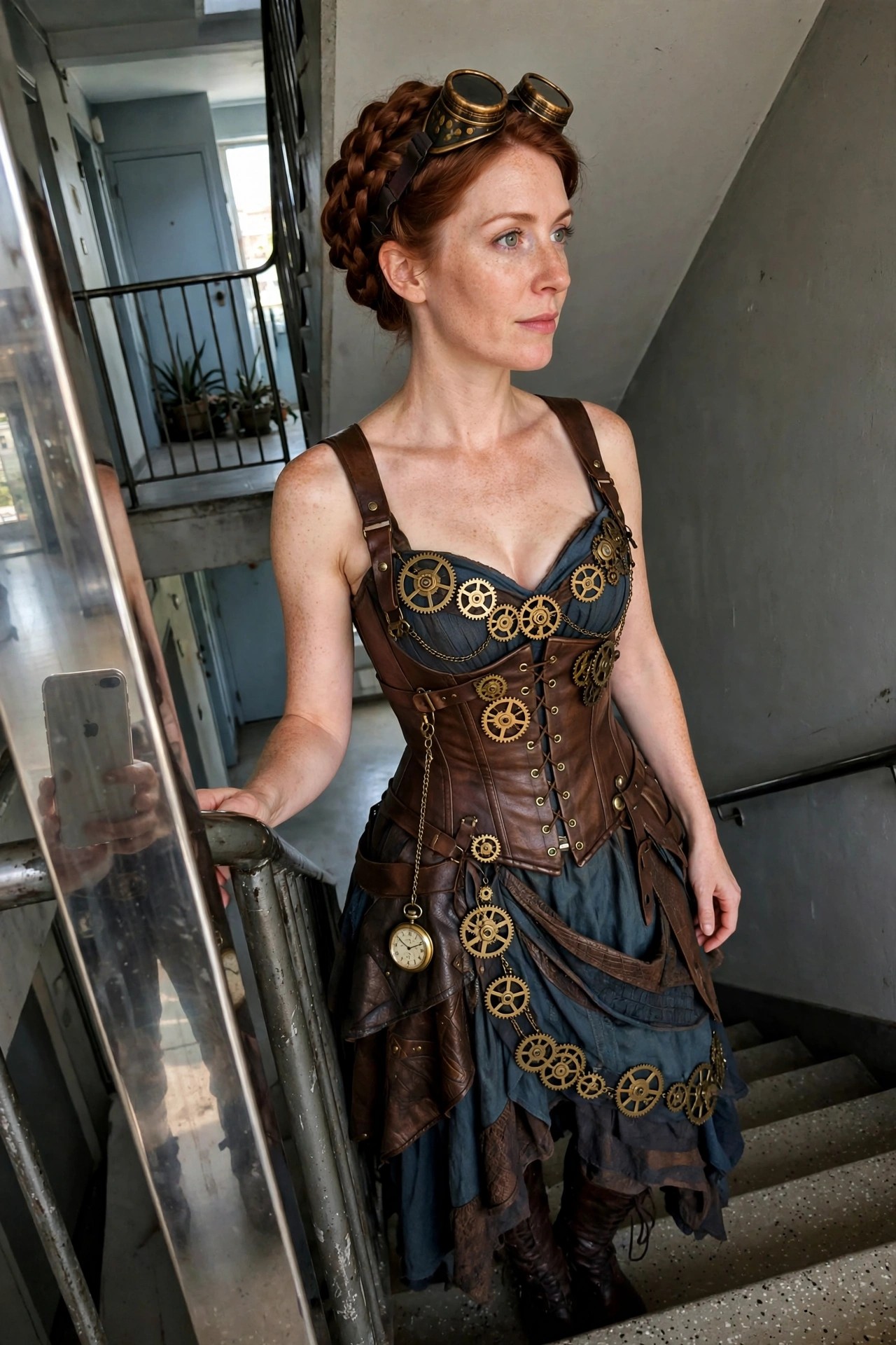 Woman wearing a steampunk Belle costume with blue corset, brown leather straps, attached gold gears, layered skirt, pocket watch, and goggles on braided red hair.