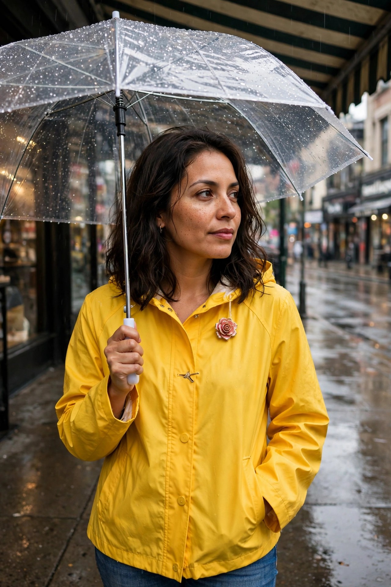 Woman in yellow rain jacket with rose pin holding clear umbrella in Belle inspired costume