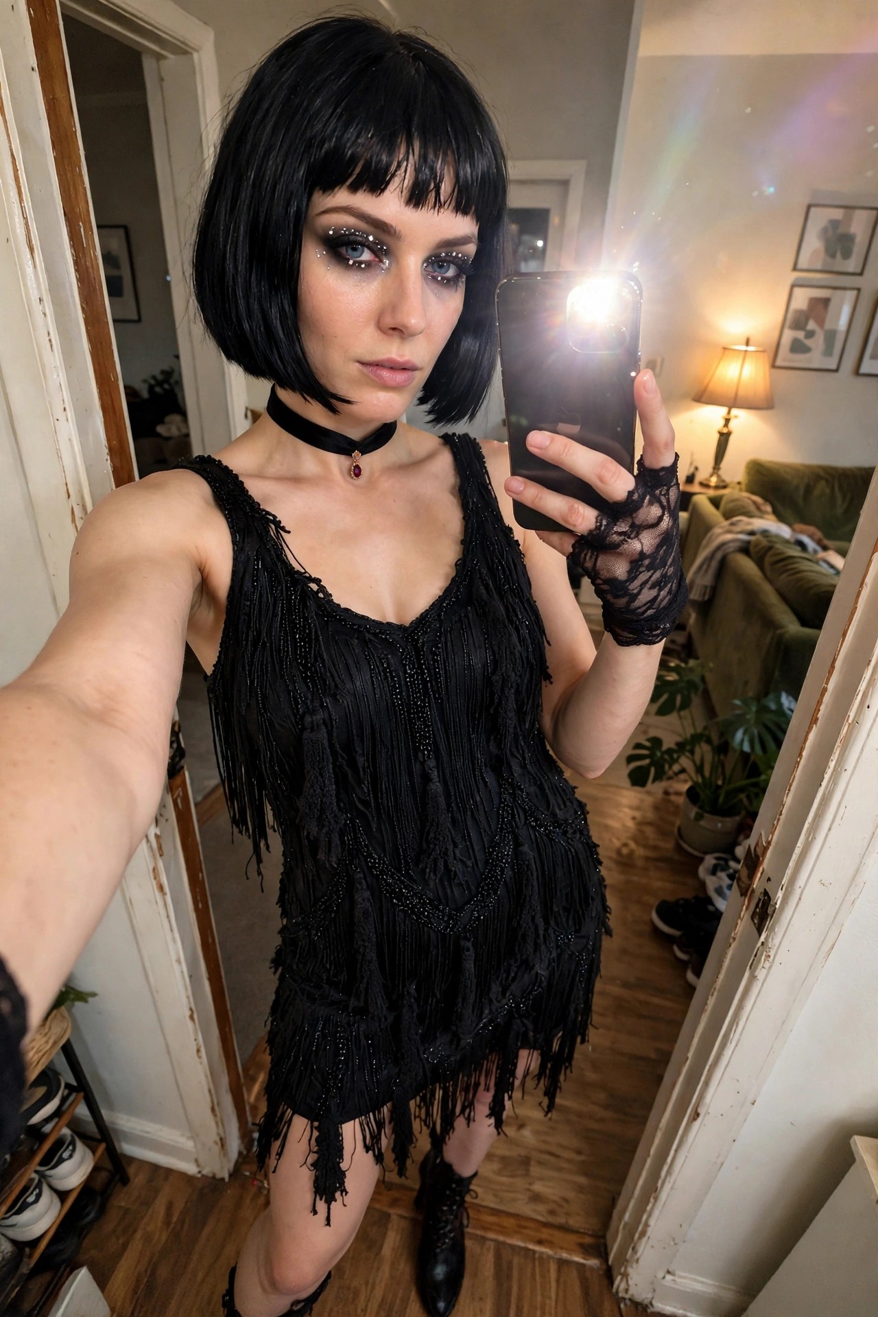 Woman wearing a black fringed flapper dress with beading, black bob haircut with bangs, lace gloves, choker necklace, and glitter eye makeup.