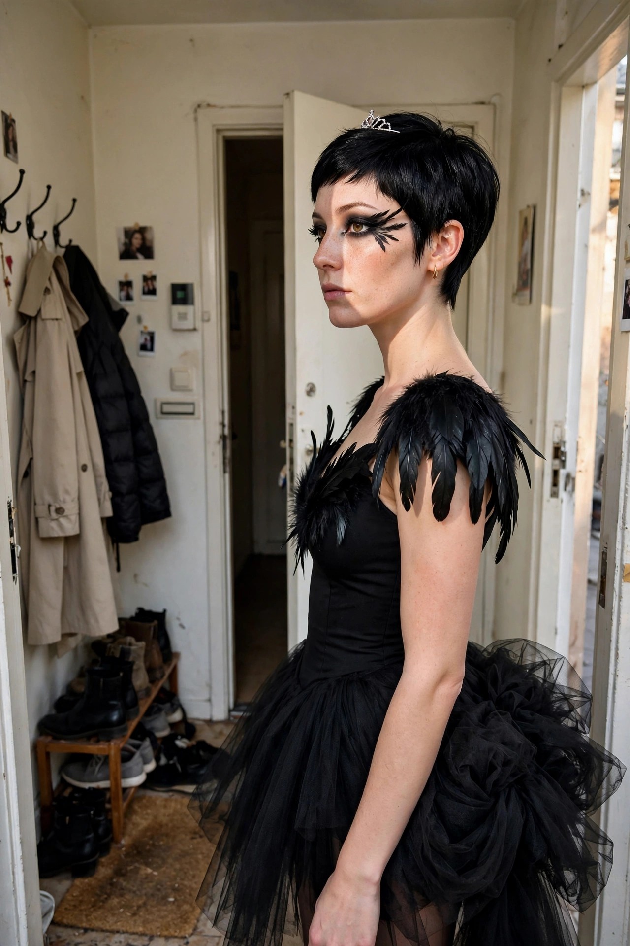 Woman wearing a black strapless dress with feather shoulder details and a large black tulle tutu, short black hair, small tiara, and winged eye makeup.
