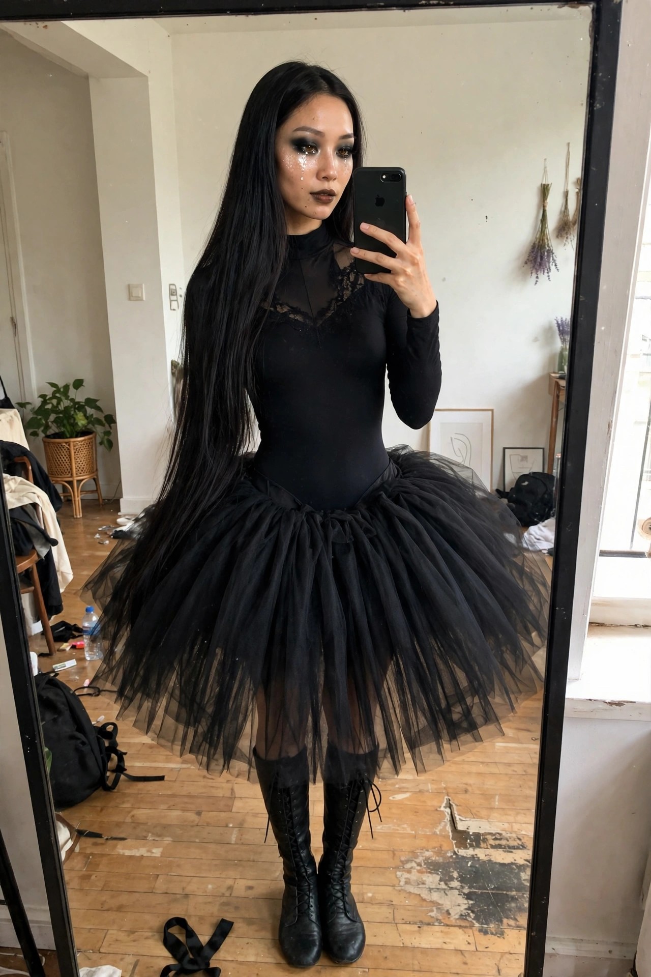 Woman wearing a black leotard with lace details and a large black tulle tutu skirt paired with black lace up boots and long straight black hair while holding a phone for a mirror selfie.