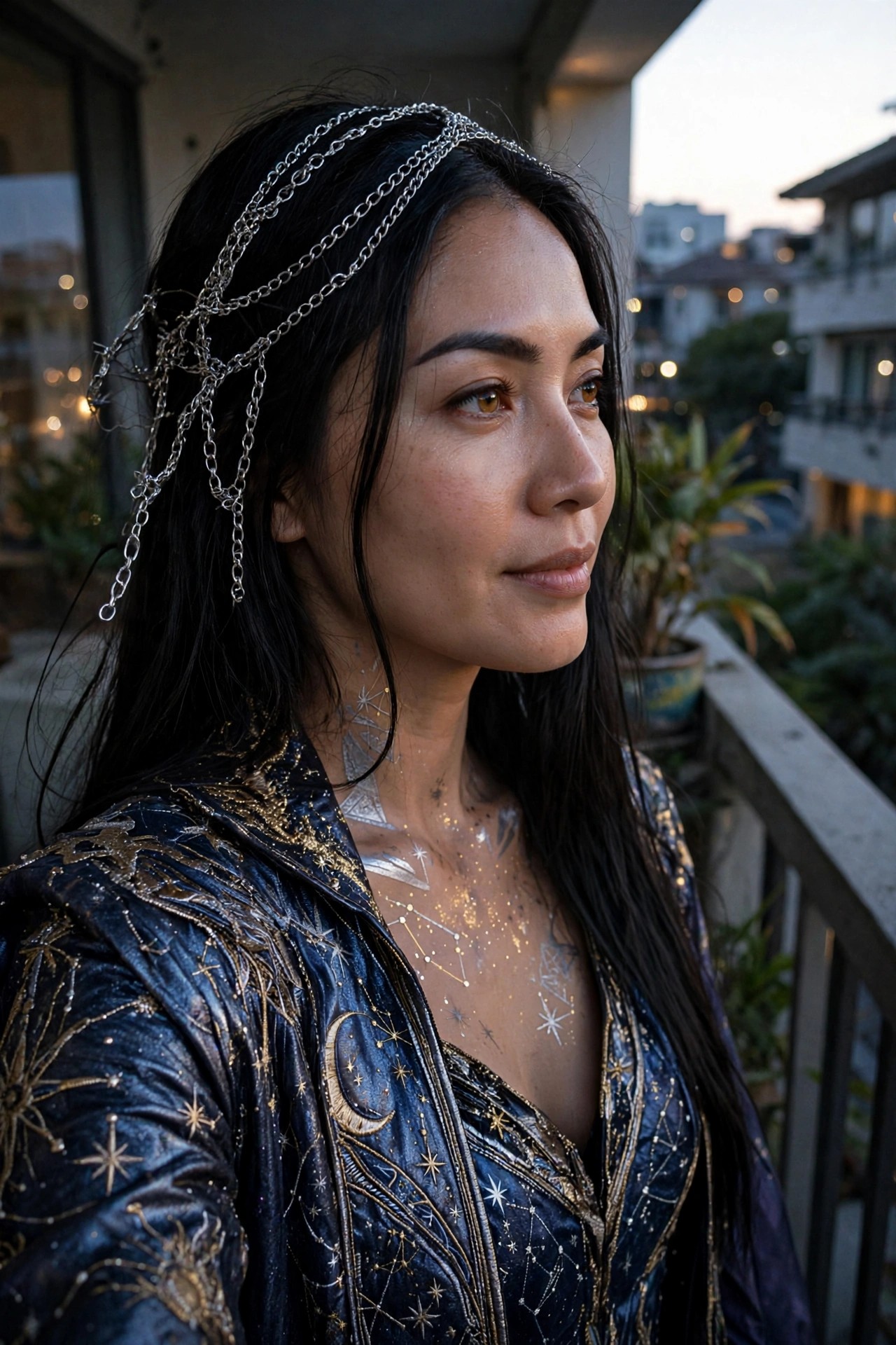 Woman wearing a blue velvet jacket embroidered with gold stars and moons, silver chain headpiece, and metallic constellation body jewelry.