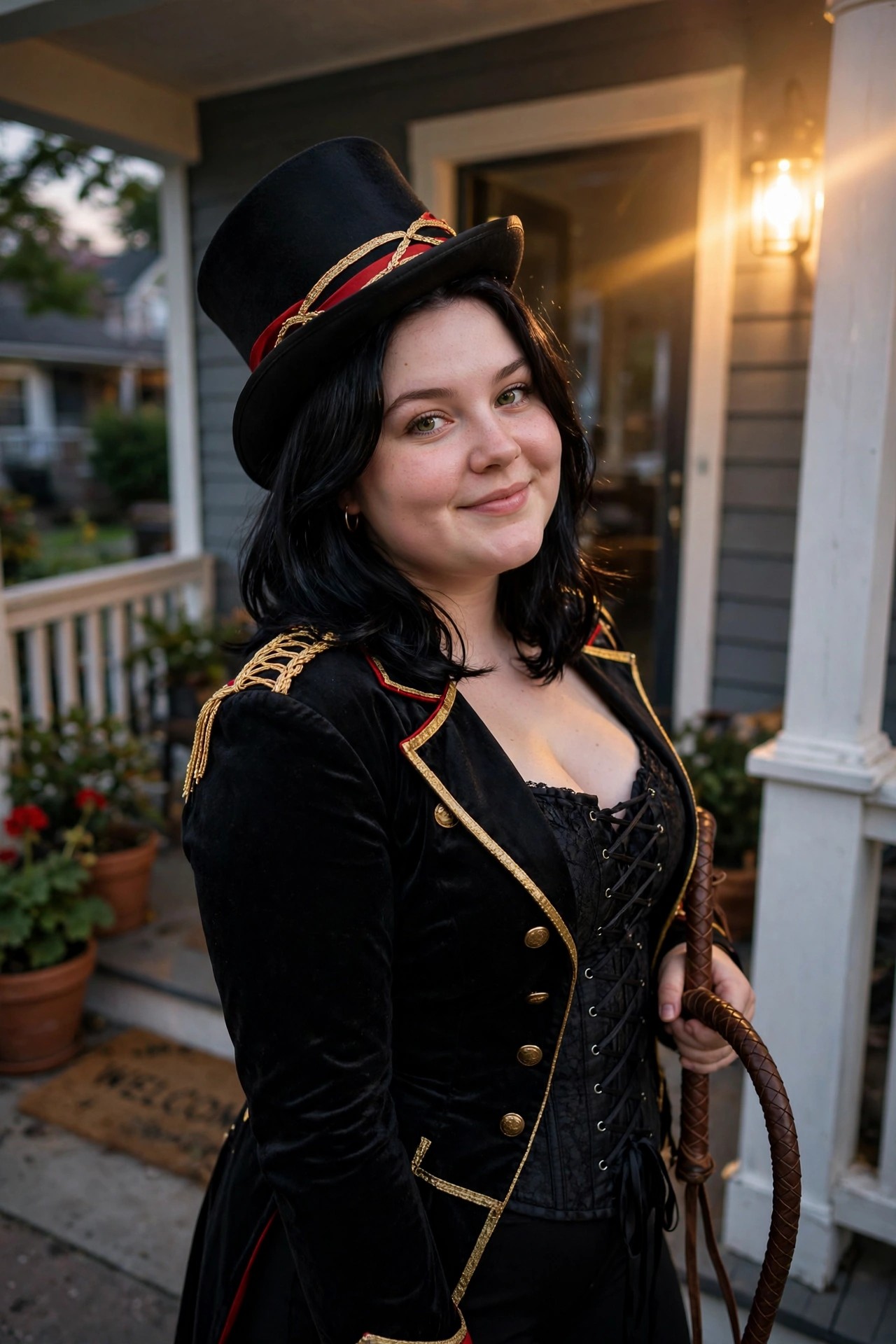 Woman wearing a black velvet ringmaster jacket with gold trim and epaulets over a black lace-up corset, black top hat with gold and red accents, holding a brown whip.