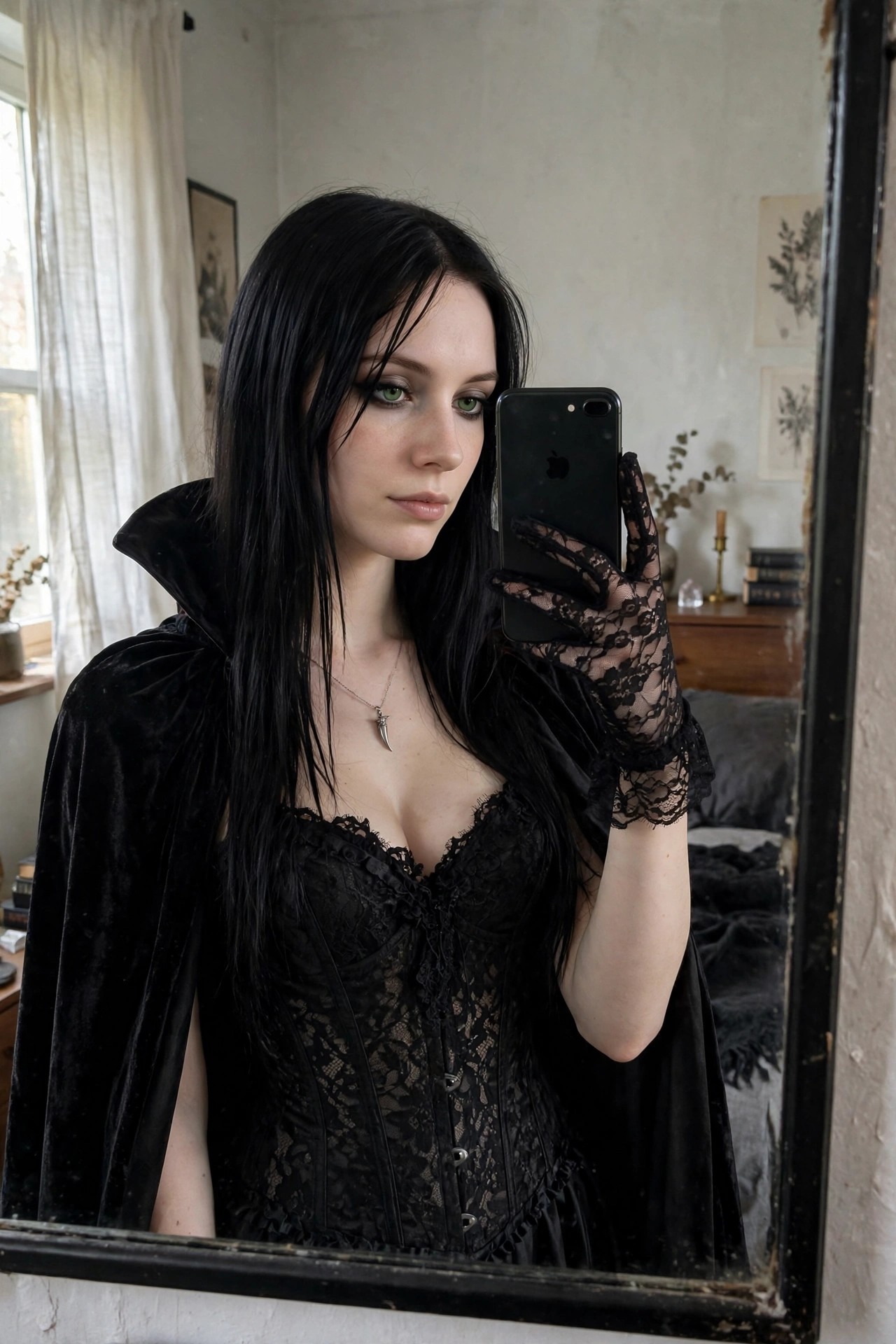 Woman in a black velvet cape and lace corset holding a phone in a mirror selfie with long straight black hair and a tooth necklace.