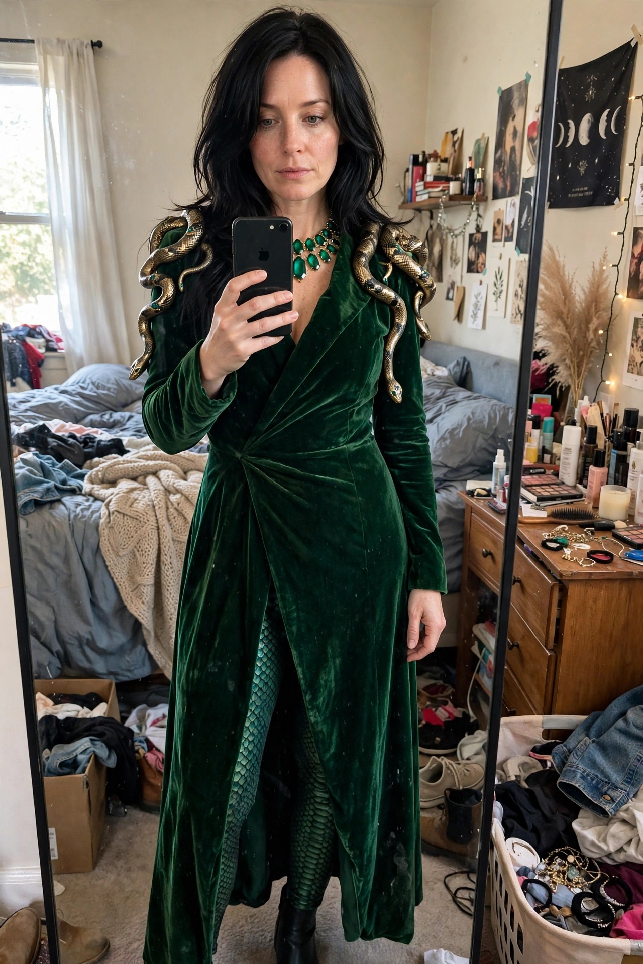 Woman wearing a long green velvet dress with gold snake shoulder pieces, green scaled leggings, and a green gem necklace for a Medusa serpent costume.