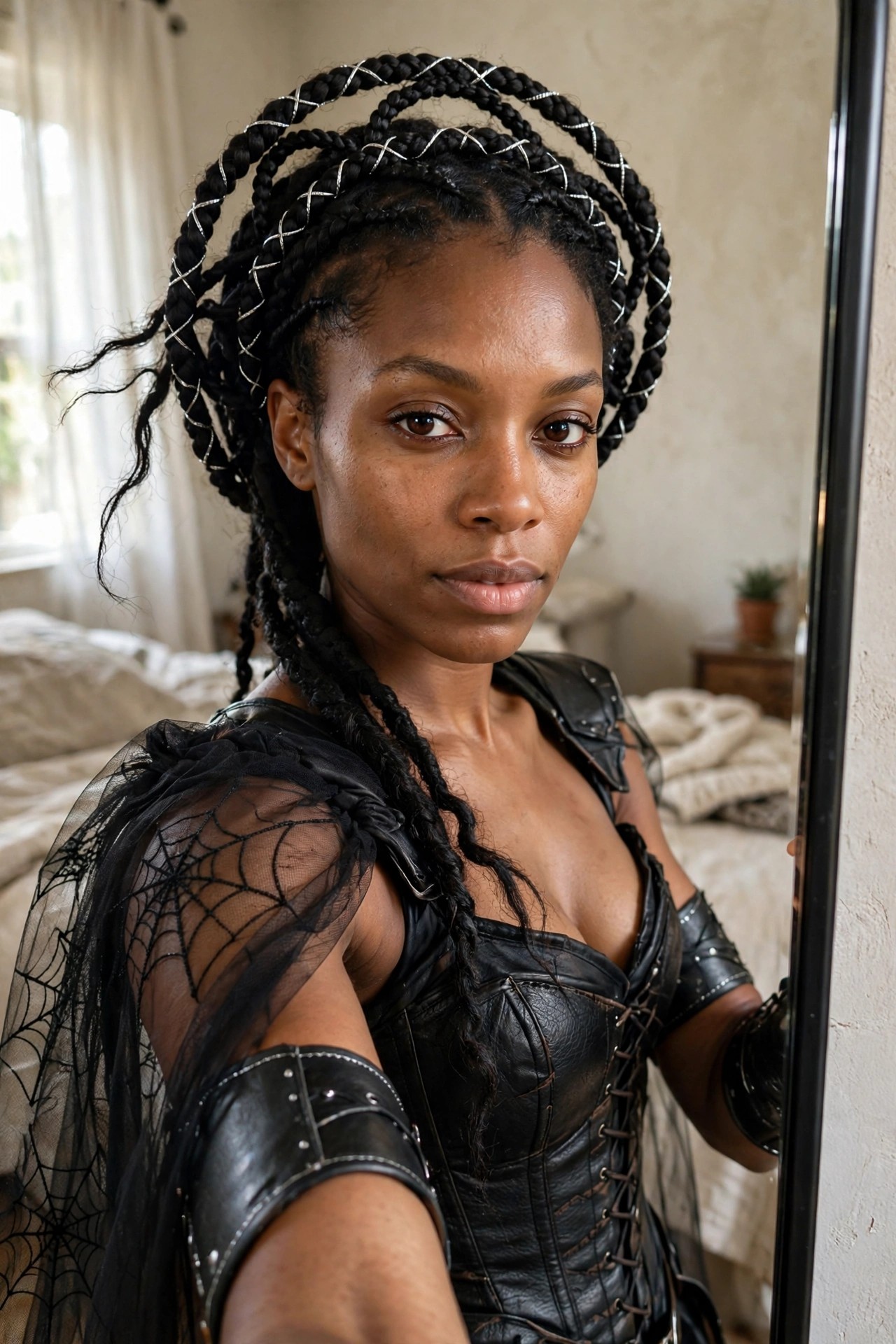 Woman wearing a black leather corset with spiderweb tulle sleeves and studded leather cuffs, styled with multiple black braids threaded with silver.