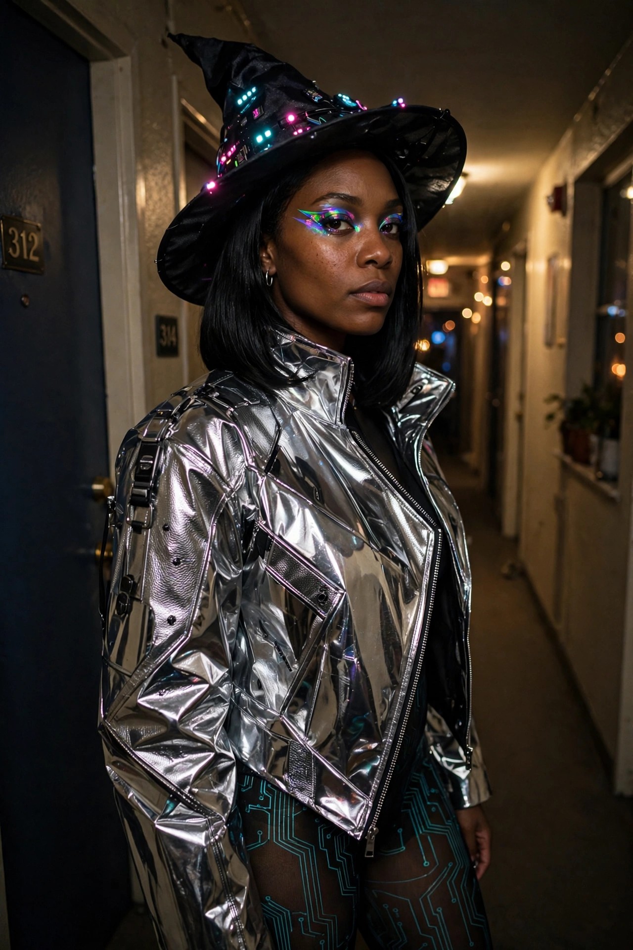 Woman wearing a black witch hat covered in multicolored LED lights, silver metallic jacket, and sheer black tights with turquoise circuit patterns, black bob hairstyle visible under the hat.