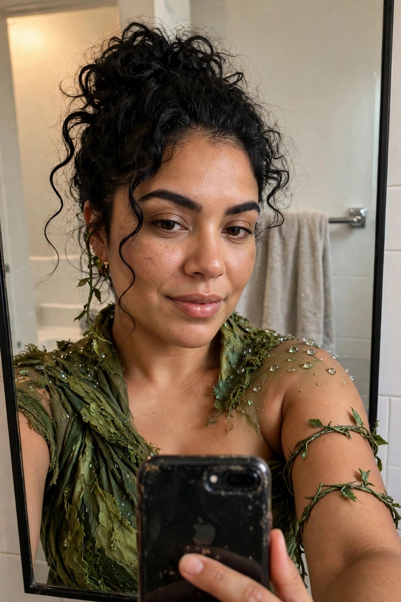 Woman wearing a green leafy moss costume with water droplets and vine wraps on her arms, black curly hair in a messy updo with green accents.