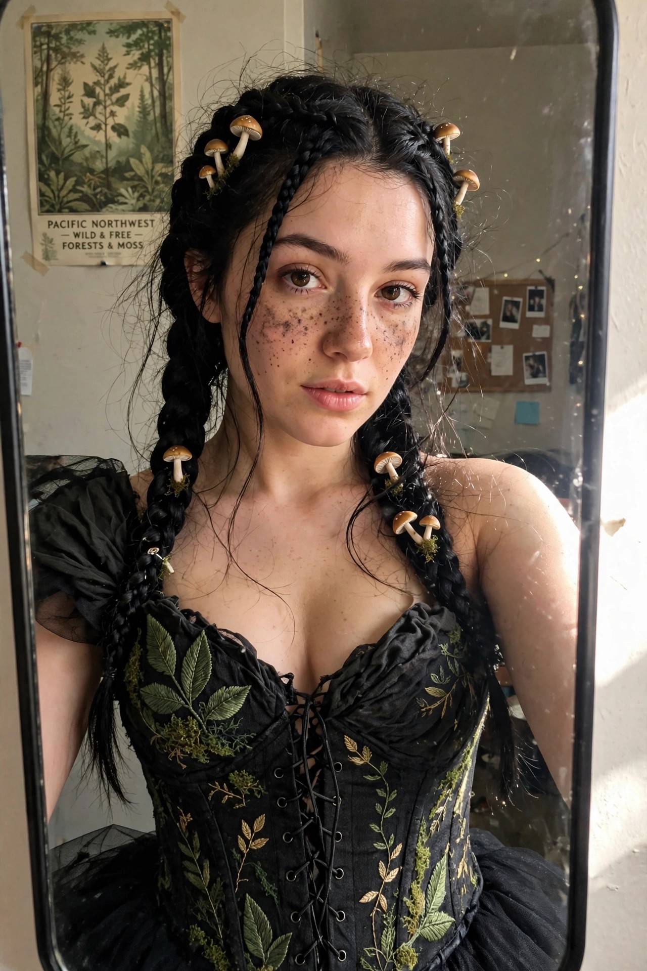 Woman wearing a black corset dress with leaf and mushroom embroidery paired with long black braids decorated with small mushrooms.