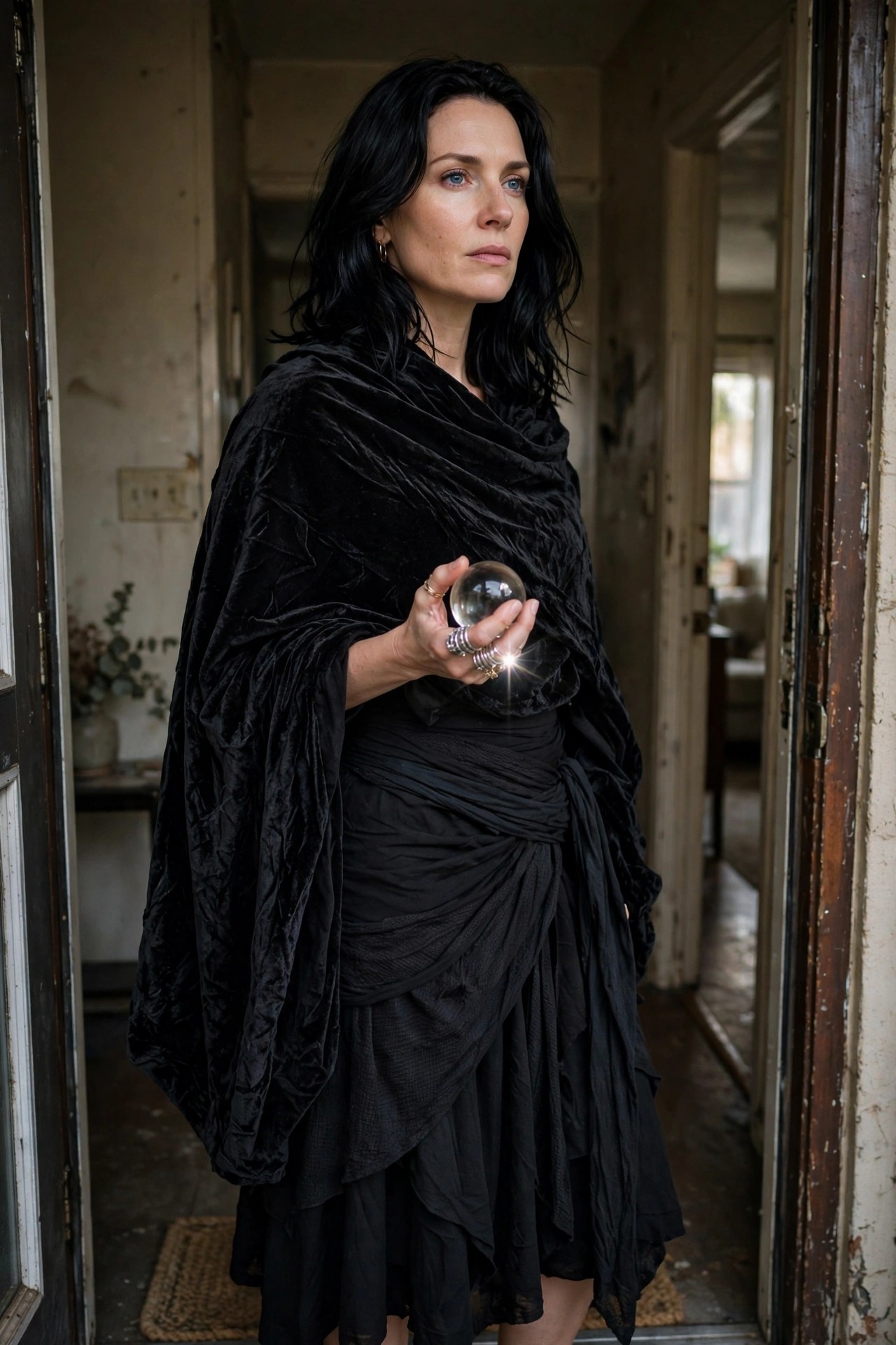 Woman with long black hair wearing layered black clothing and holding a crystal ball in a doorway.